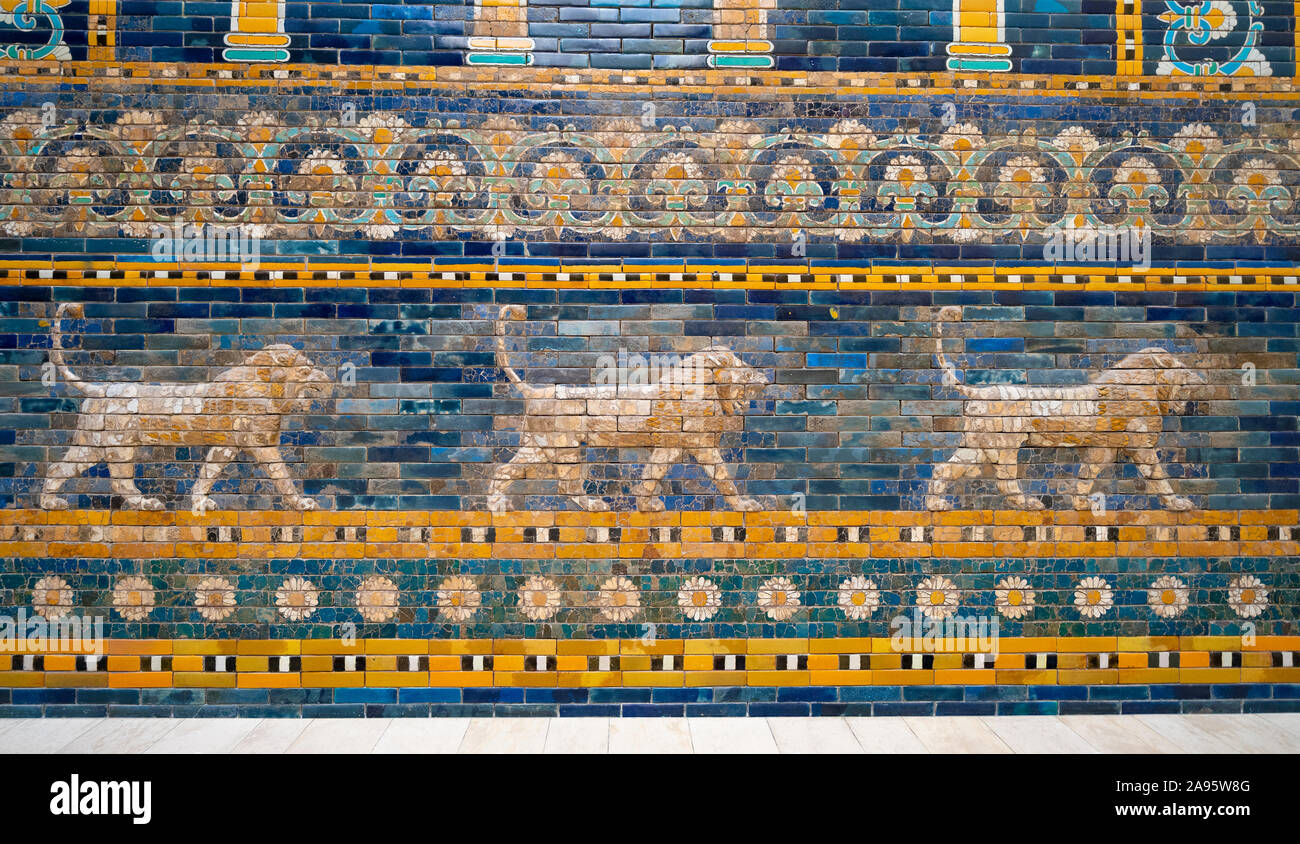 ceramic tiled lions from Ishtar Gate, Processional Way, Pergamon Museum, Berlin, Germany Stock Photo