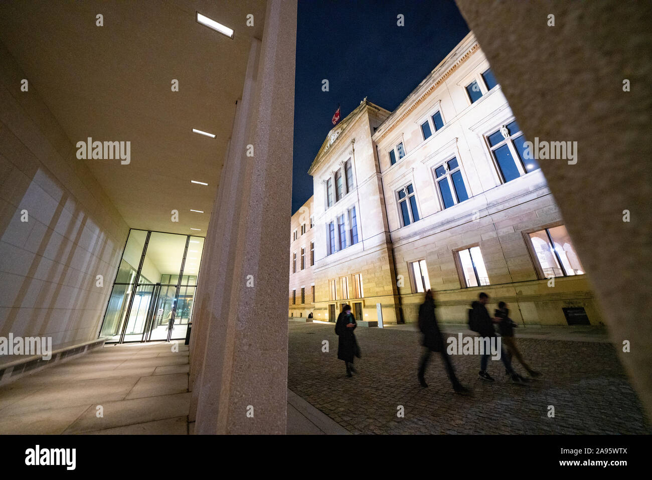 Night view of exterior of James Simon Galerie and Neues museum at Museum Island , Museumsinsel in Mitte Berlin, Germany, Architect David Chipperfield. Stock Photo