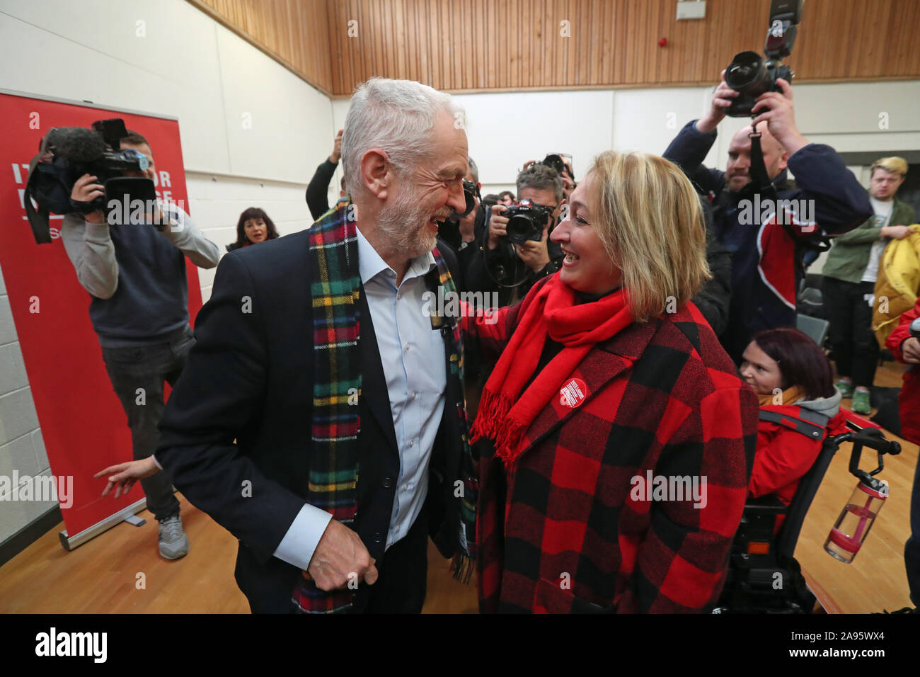 Labour Party leader Jeremy Corbyn with the party's candidate for Glasgow Central Faten Hameed during a visit to the Heart of Scotstoun Community Centre in Glasgow, during General Election campaigning. Stock Photo