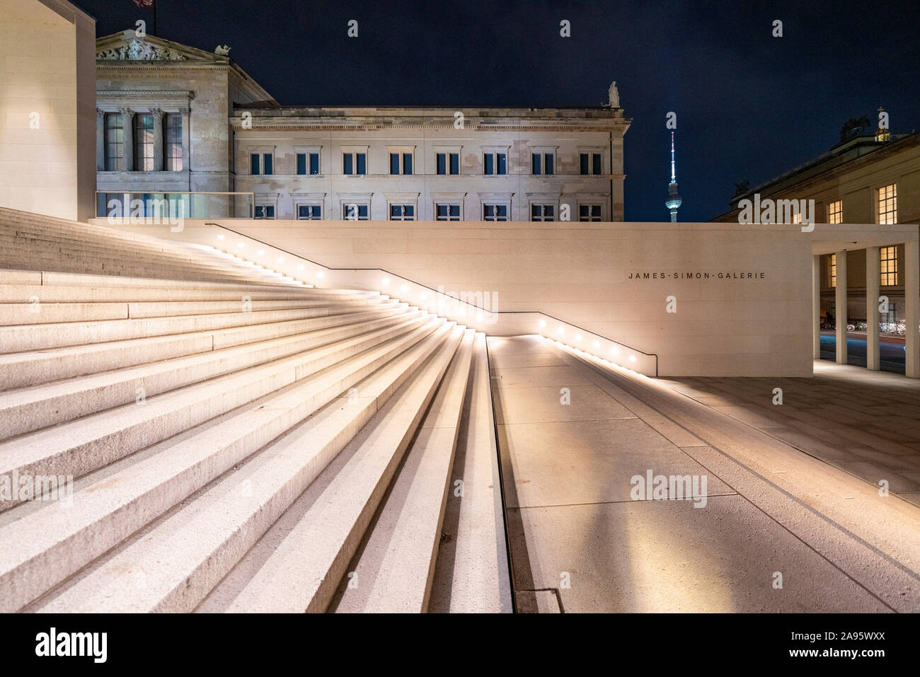 Night view of exterior of James Simon Galerie at Museum Island , Museumsinsel in Mitte Berlin, Germany, Architect David Chipperfield. Stock Photo