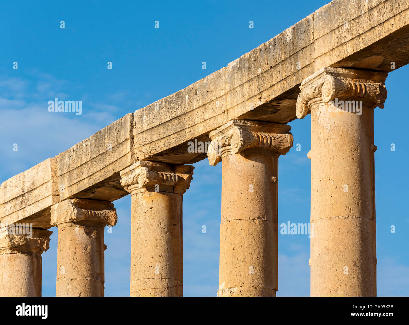 Close-up of columns and capitals at Oval Plaza (Forum), Jerash, Jordan Stock Photo