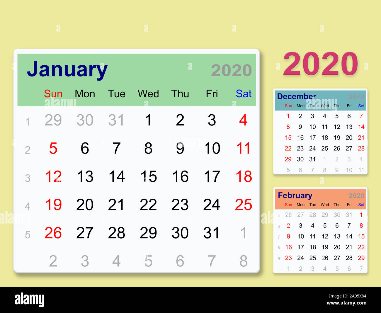 Desktop Calendar Template 2020 January Isolated On Color