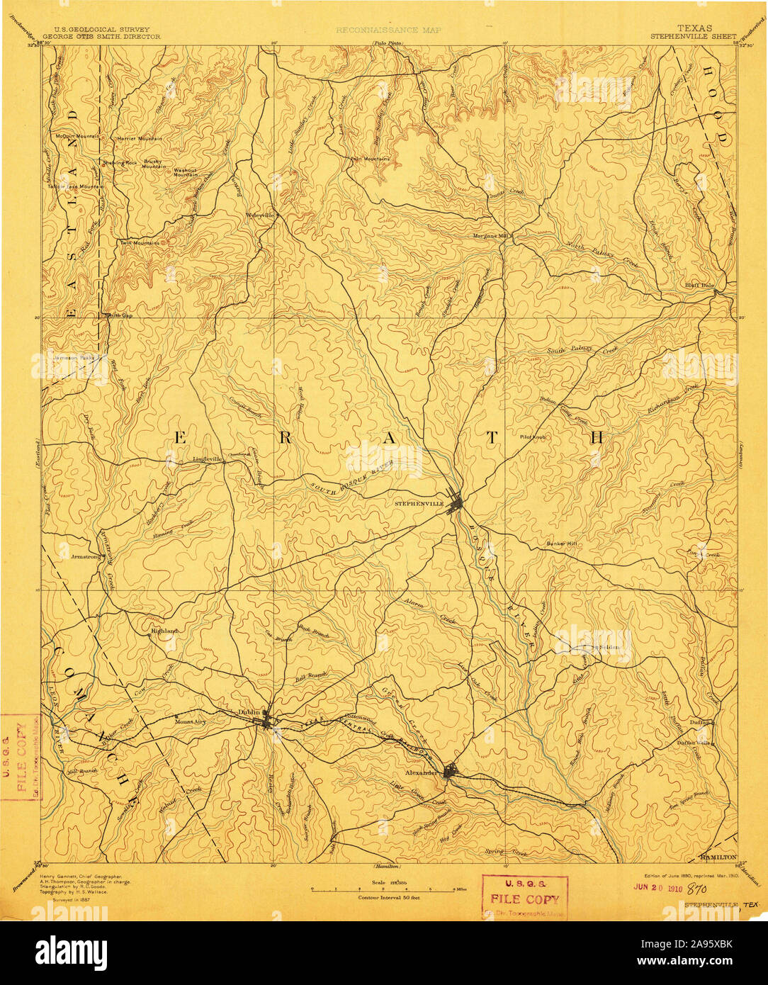 USGS TOPO Map Texas TX Stephenville 128613 1890 125000 Restoration Stock Photo