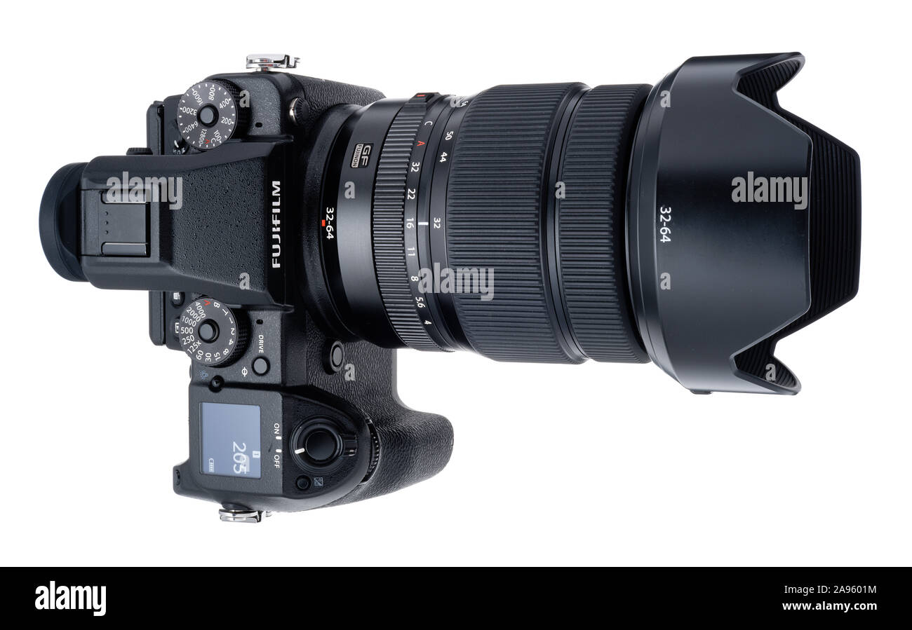 A FujiFilm medium format digital camera system with lens. Stock Photo