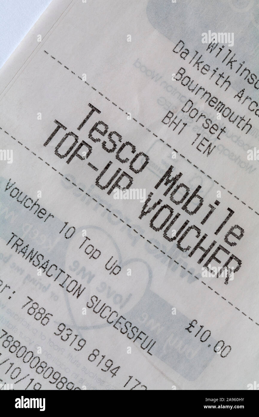 receipt for Tesco Mobile Top-Up voucher for £10.00 showing transaction  successful at Wilkinson Stock Photo - Alamy