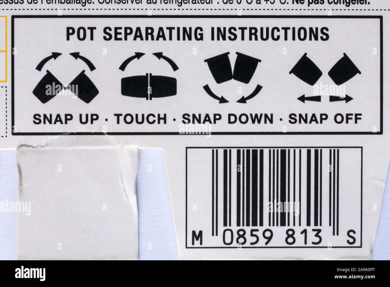 Pot separating instructions on back of M&S Super Fruity low fat live yogurts - snap up, touch, snap down, snap off Stock Photo