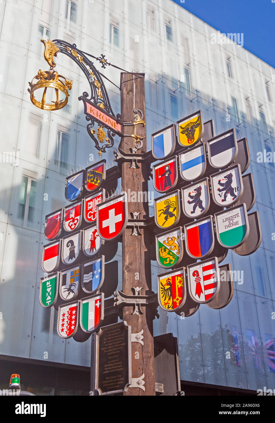 London, Leicester Square. The Cantonal Tree in Swiss Court, depicting the 26 cantons of the Swiss Confederation. Stock Photo
