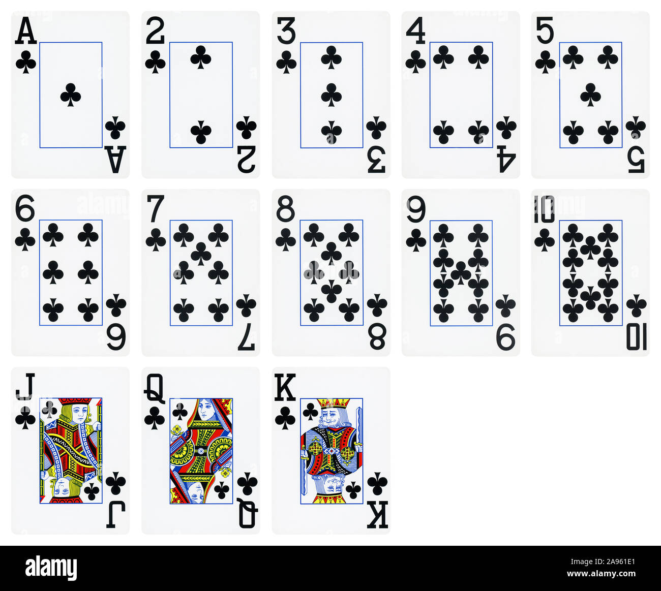 Playing cards of Clubs suit, isolated on white background High