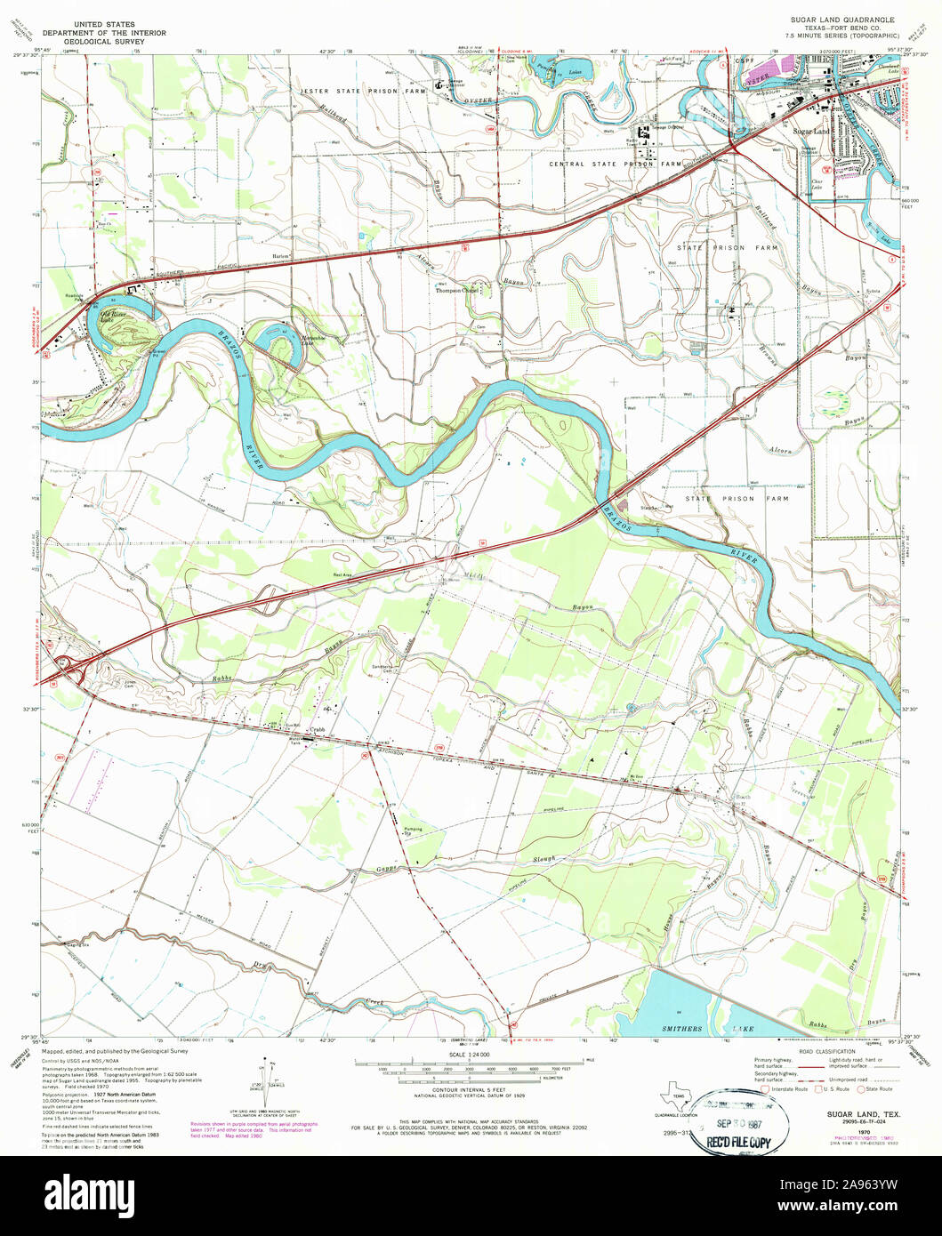 USGS TOPO Map Texas TX Sugar Land 123439 1970 24000 Restoration Stock Photo