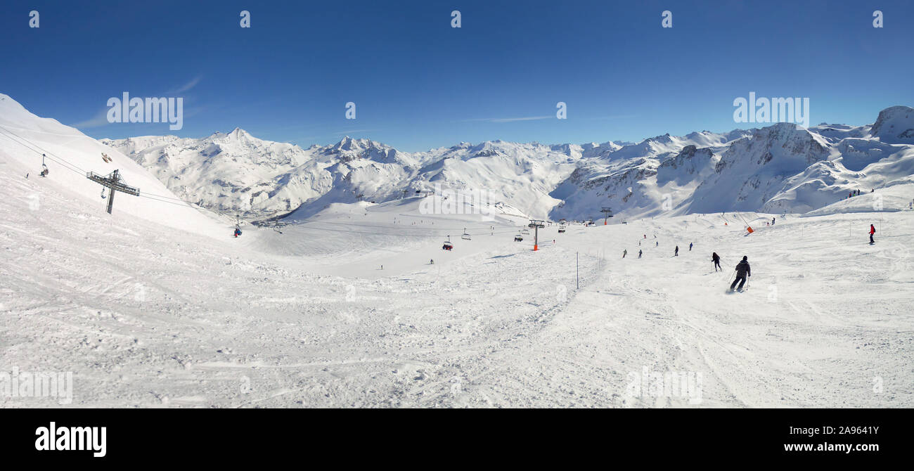Panorama of ski slopes at Tignes, ski resort in the Alps, France Stock Photo