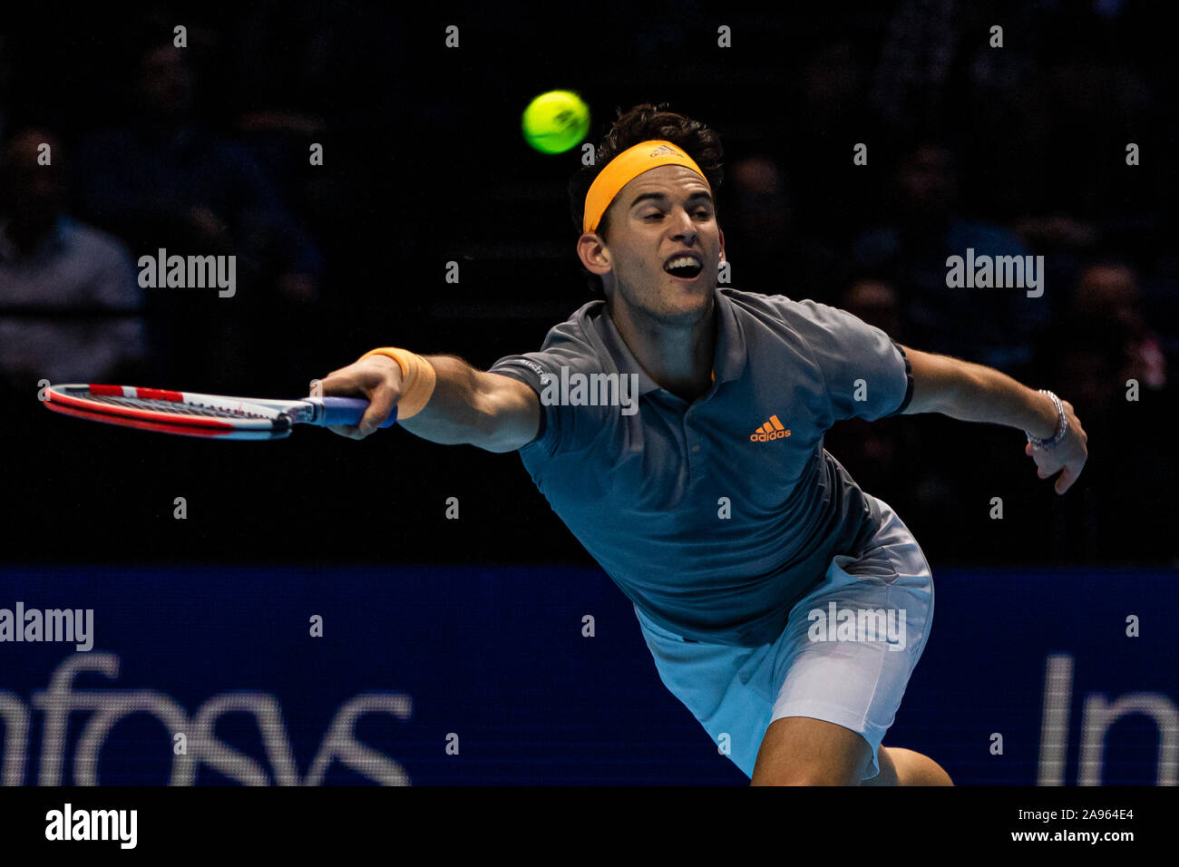 London, UK. 12th Nov, 2019. Dominic Thiem of Austria plays against Novak  Djokovic of Serbia on Day four of the Nitto ATP World Tour Finals at The O2  Arena on November 12,