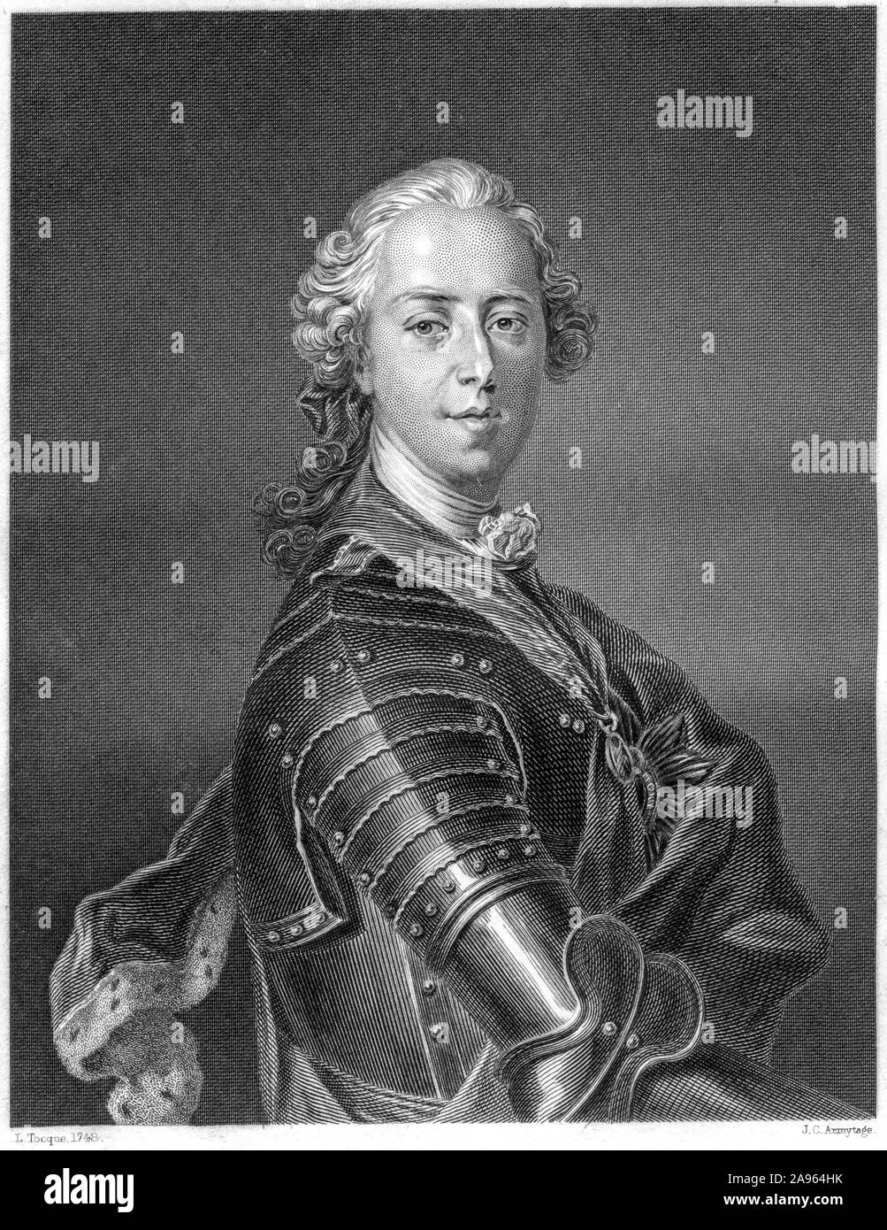 An engraving of Prince Charles Edward Stuart (Bonnie Prince Charlie) scanned at high resolution from a book printed in 1859.   Believed copyright free Stock Photo