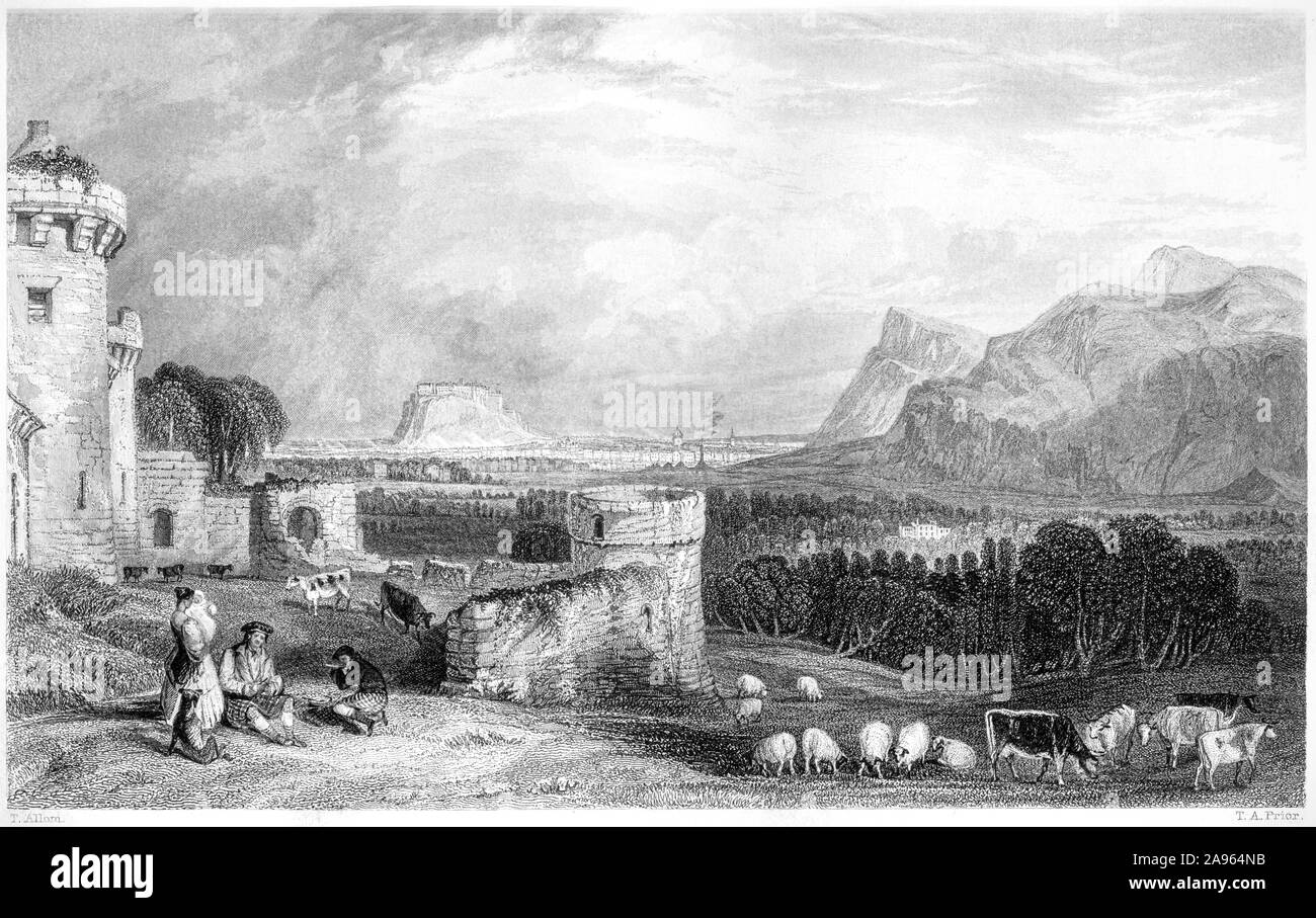 An engraving of Edinburgh from Craigmillar Castle Midlothian scanned at high resolution from a book printed in 1859. Believed copyright free. Stock Photo