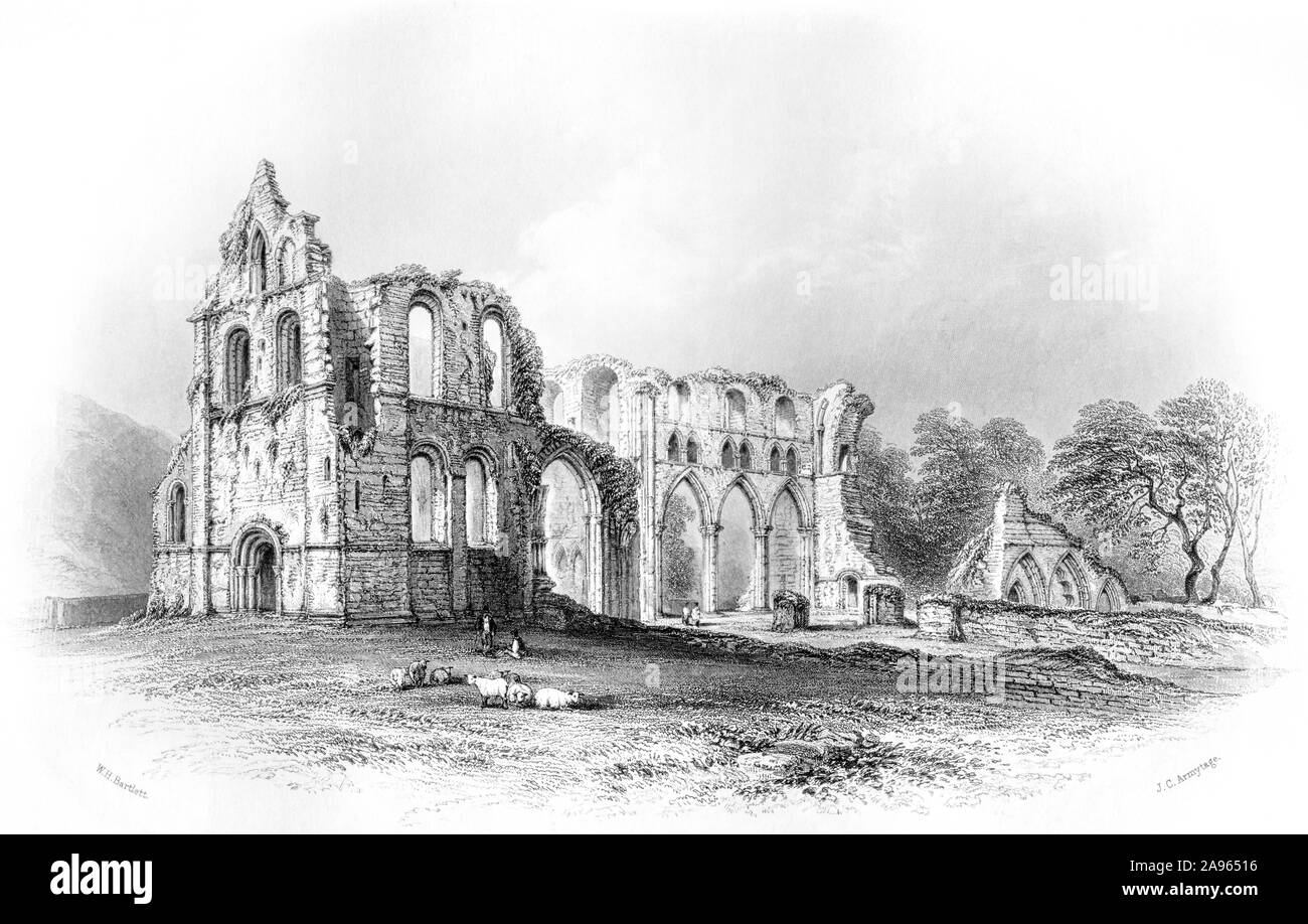 An engraving of Dundrennan Abbey, Retreat of Mary Queen of Scots after the Battle of Langsyde scanned at high resolution from a book printed in 1859. Stock Photo