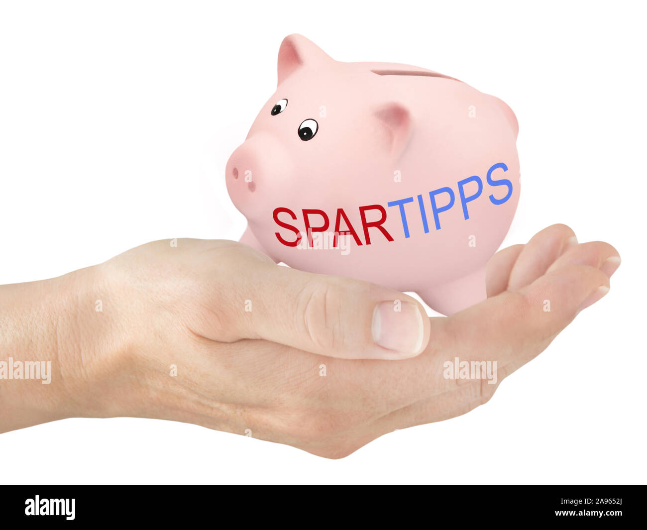 Sparschwein und Hand - Tipps Stock Photo