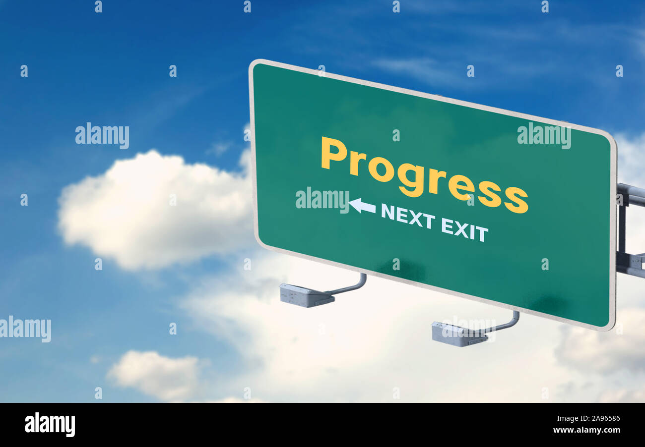 Progress text on 3D highway road sign against a blue sky with ...