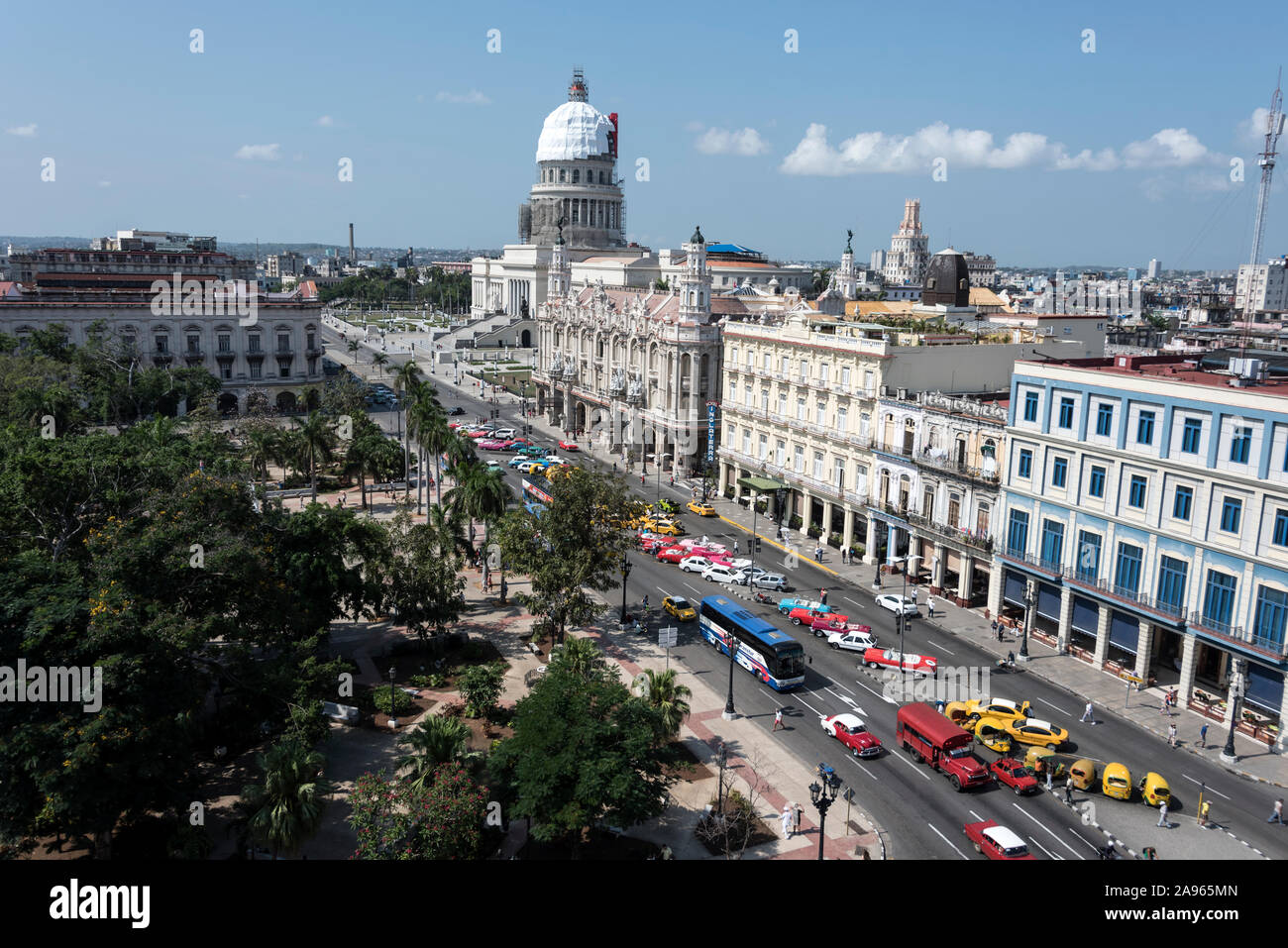The dome of the National Capitol Building (El Capitolio), Grand Theatre of Havana, (Gran Teatro de La Habana) and next door, the Hotel Inglaterra on P Stock Photo