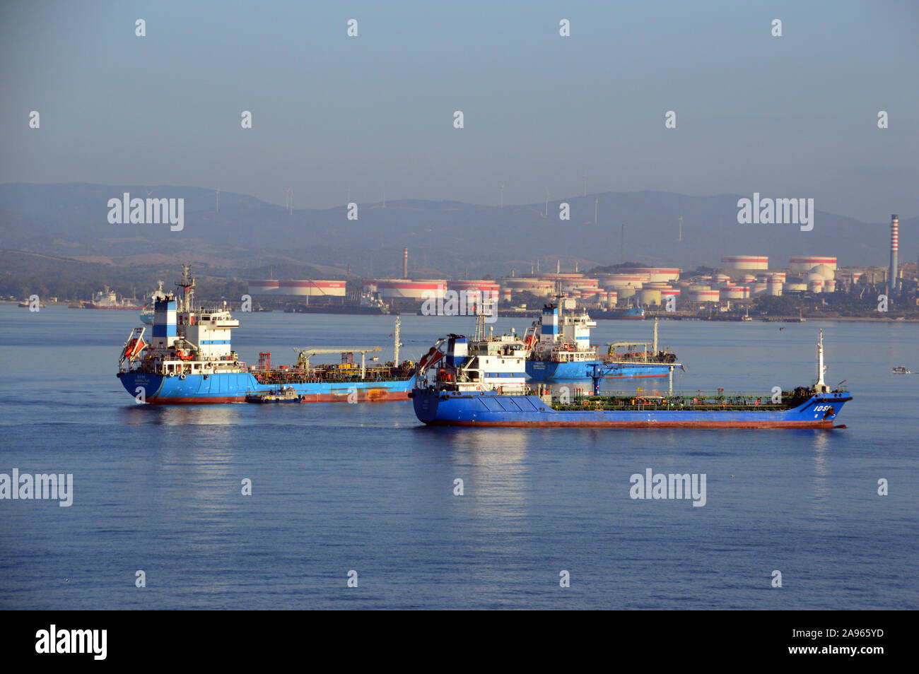 The 'SYMI', 'PAXOI' & 'IOSI' Oil and Gas Tankers Anchoured outside of the Harbour in the bay of Gibraltar, Europe, EU. Stock Photo