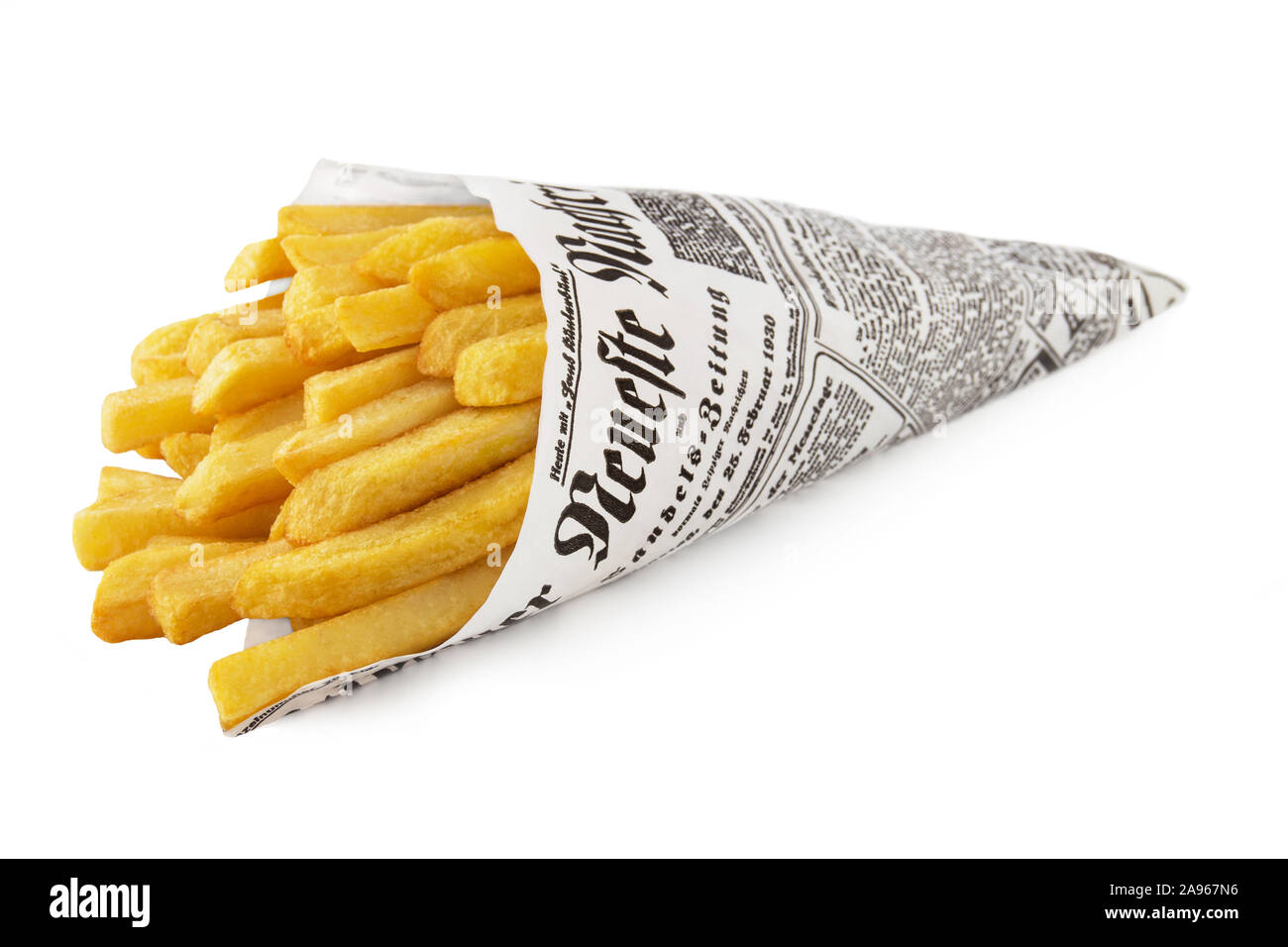 Potato chips and paper cone on white background Stock Photo Alamy