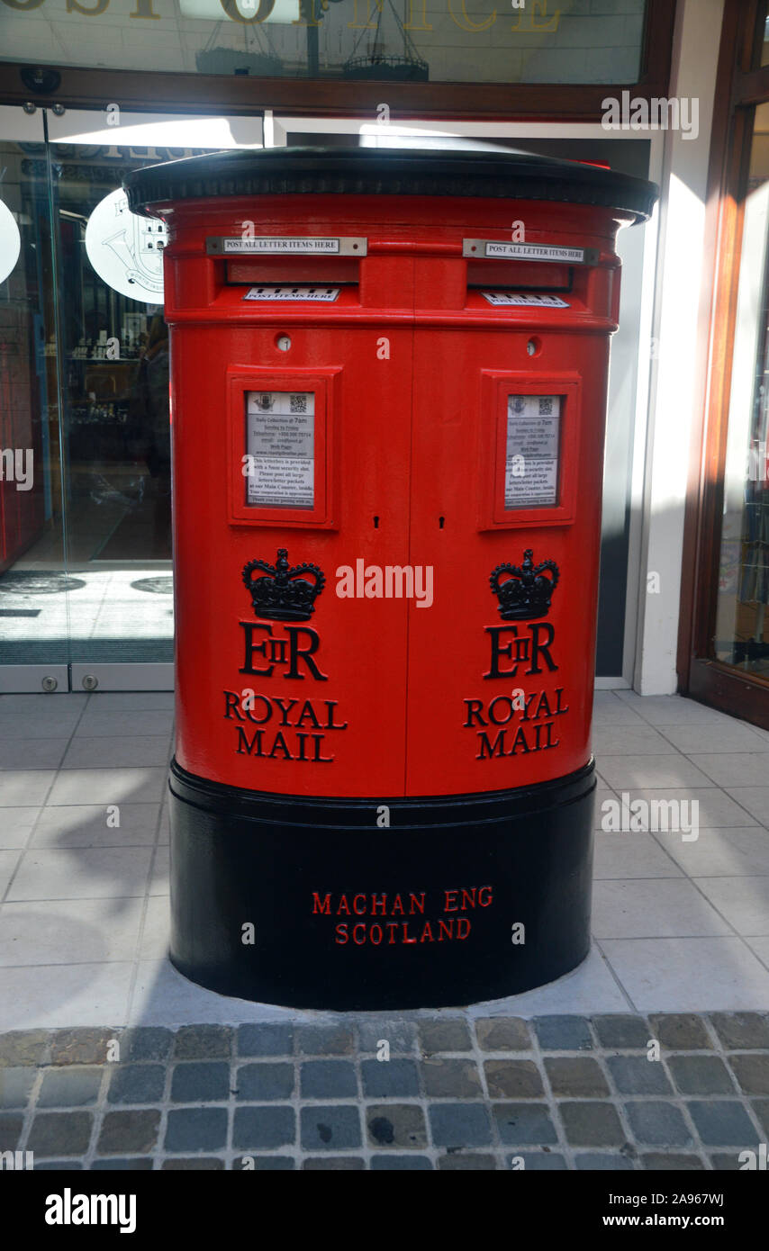 Red Double Queen Elizabeth II Regina Post box on Main Street in Gibraltar, Europe, EU. Stock Photo