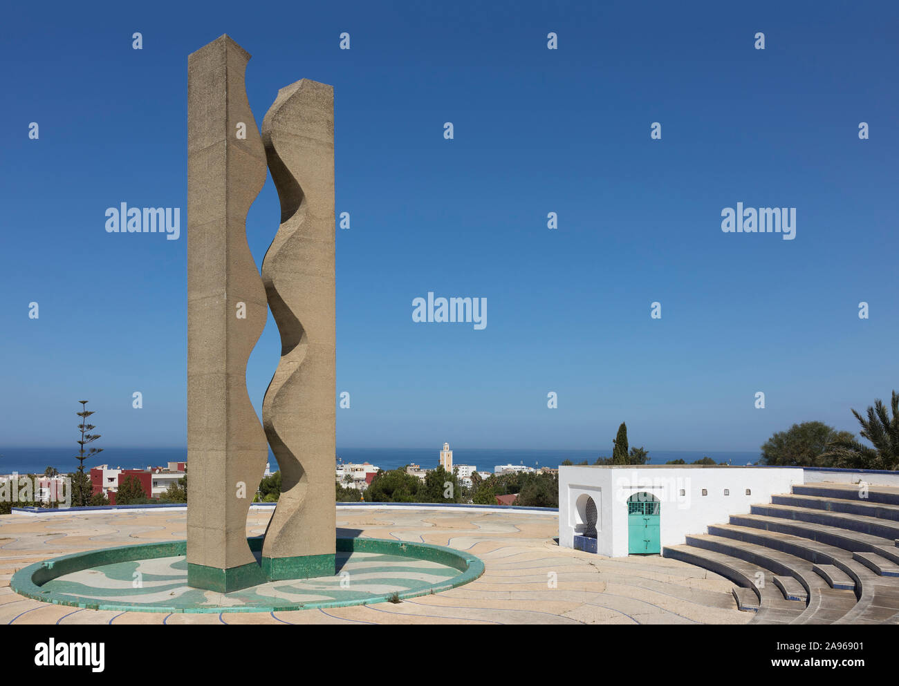 Asilah, Morocco-September 10, 2019: Art in the Kodya Sultan park with the Atlantic ocean at the background in Asilah, Northern Morocco Stock Photo