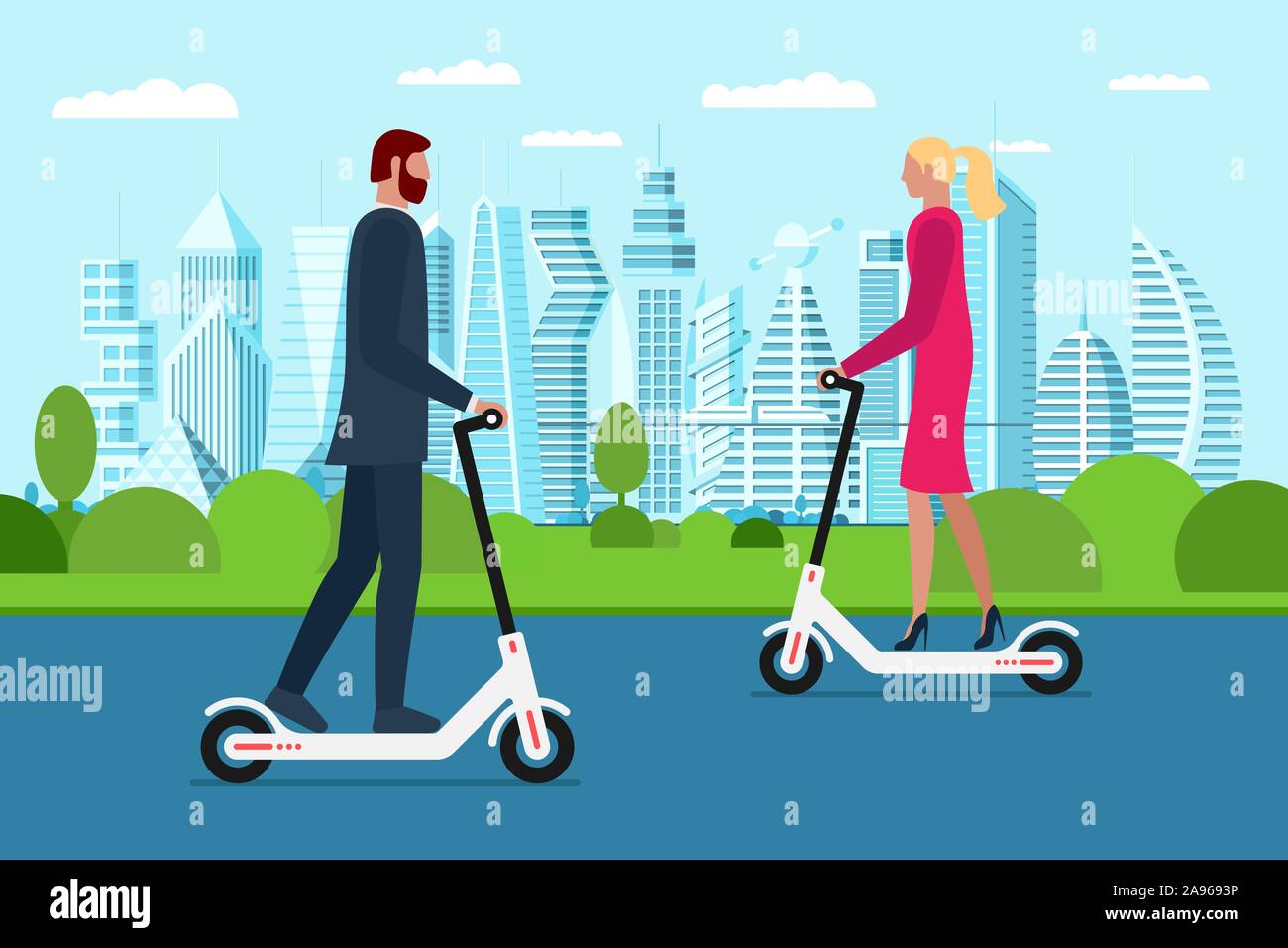 Hipster business man and woman riding electric scooters in future