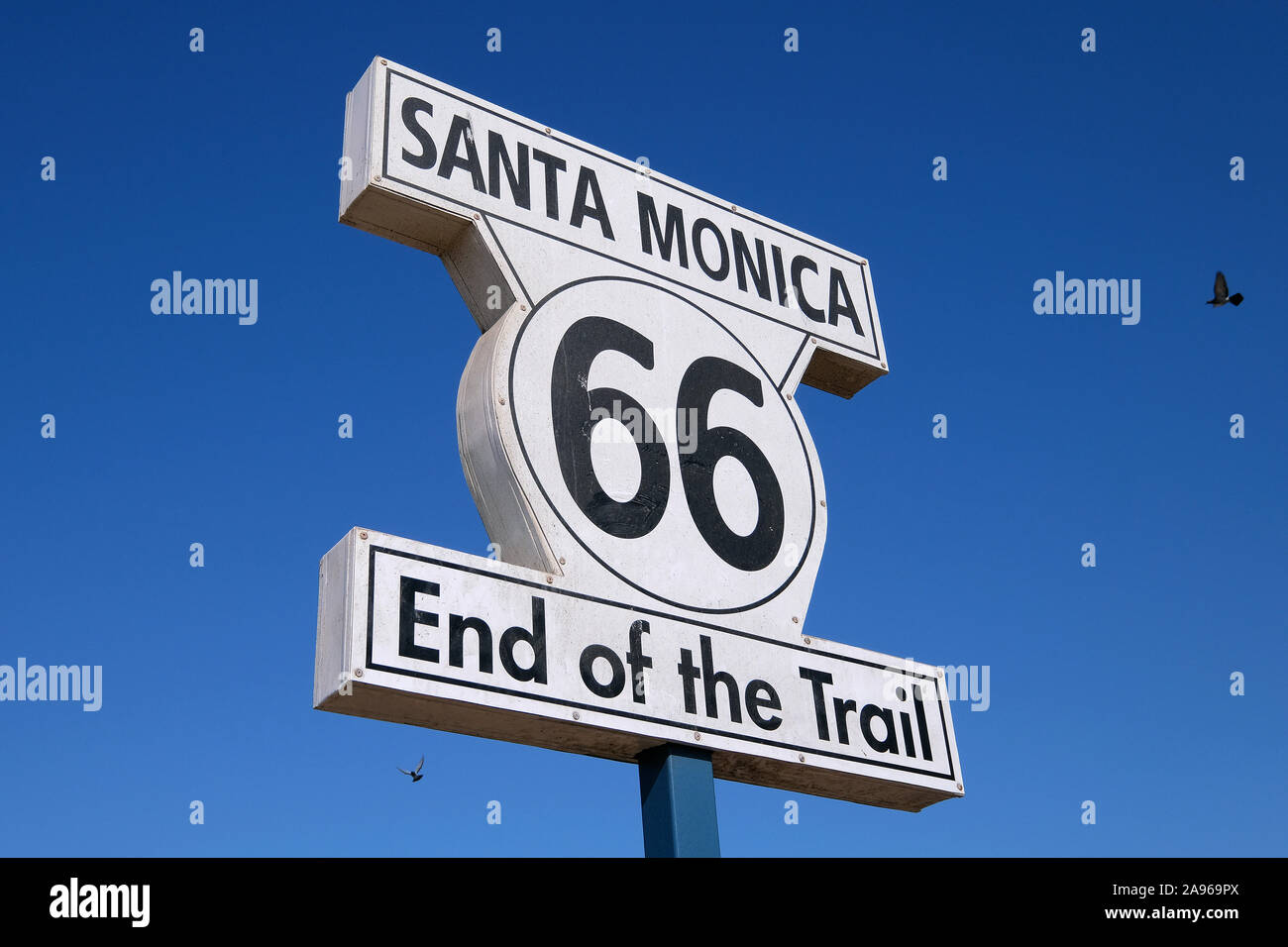 Route 66 sign on the Santa Monica Pier indicates the end of the cult highway, Santa Monica, Kalifornien, USA Stock Photo