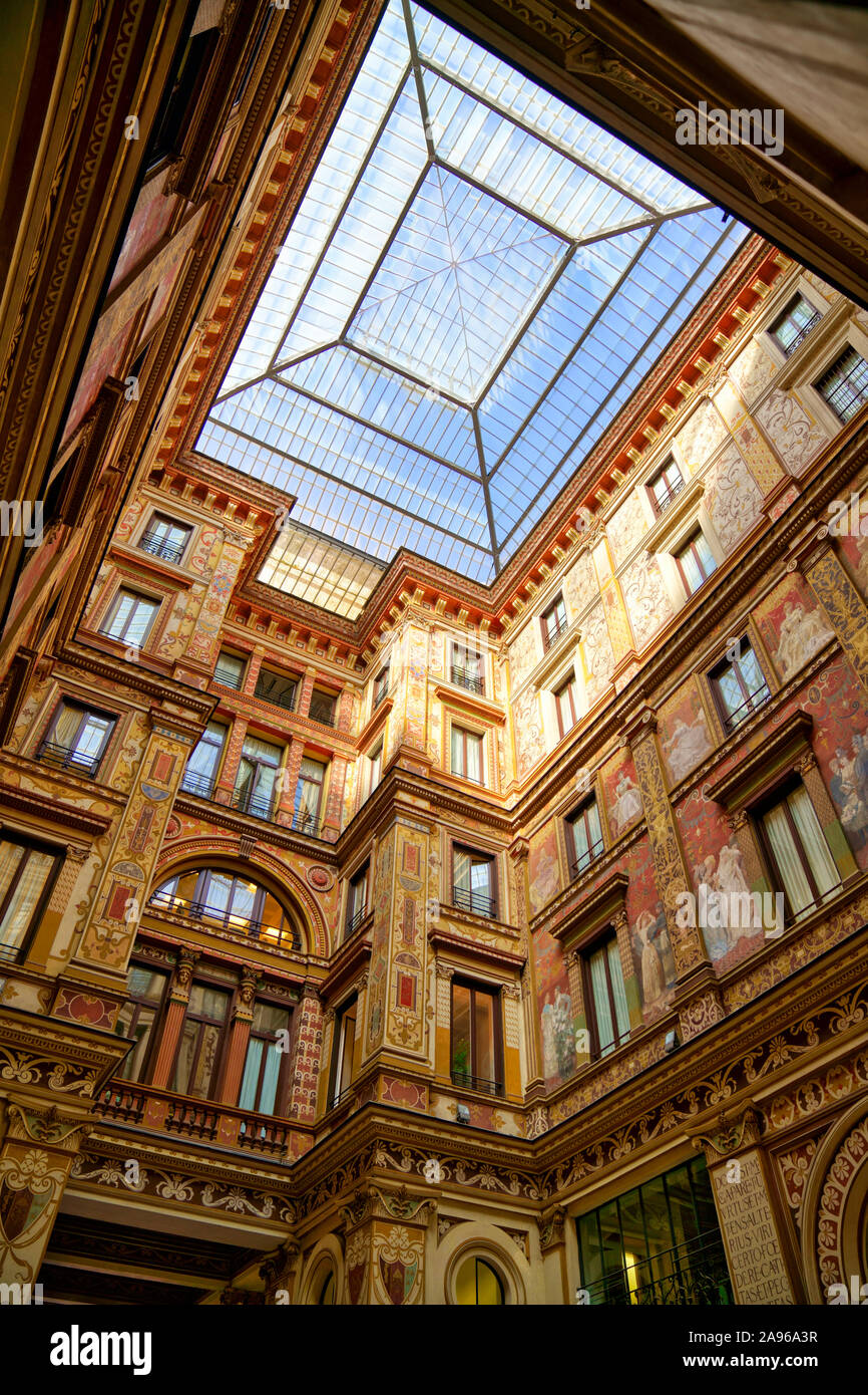 Rome, Italy - October 18, 2019: Skylight Window and Colourful Facade at Galleria Sciarra in Rome, Italy Stock Photo