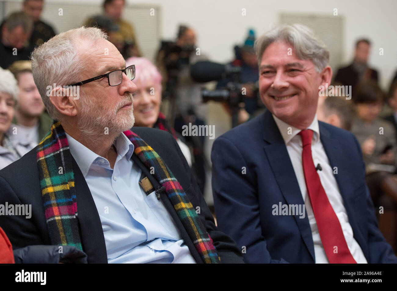 Glasgow, UK. 13th Nov, 2019. Pictured: Pictured: (left) Jeremy Corbyn MP - Leader of the Labour Party, (right) Richard Leonard MSP - Leader of the Scottish Labour Party. Labour Leader Jeremy Corbyn tours key constituencies in Scotland as part of the biggest people-powered campaign in the history of our country. Jeremy Corbyn addresses Labour activists and campaign across key seats in Scotland alongside Scottish Labour candidates. Credit: Colin Fisher/Alamy Live News Stock Photo