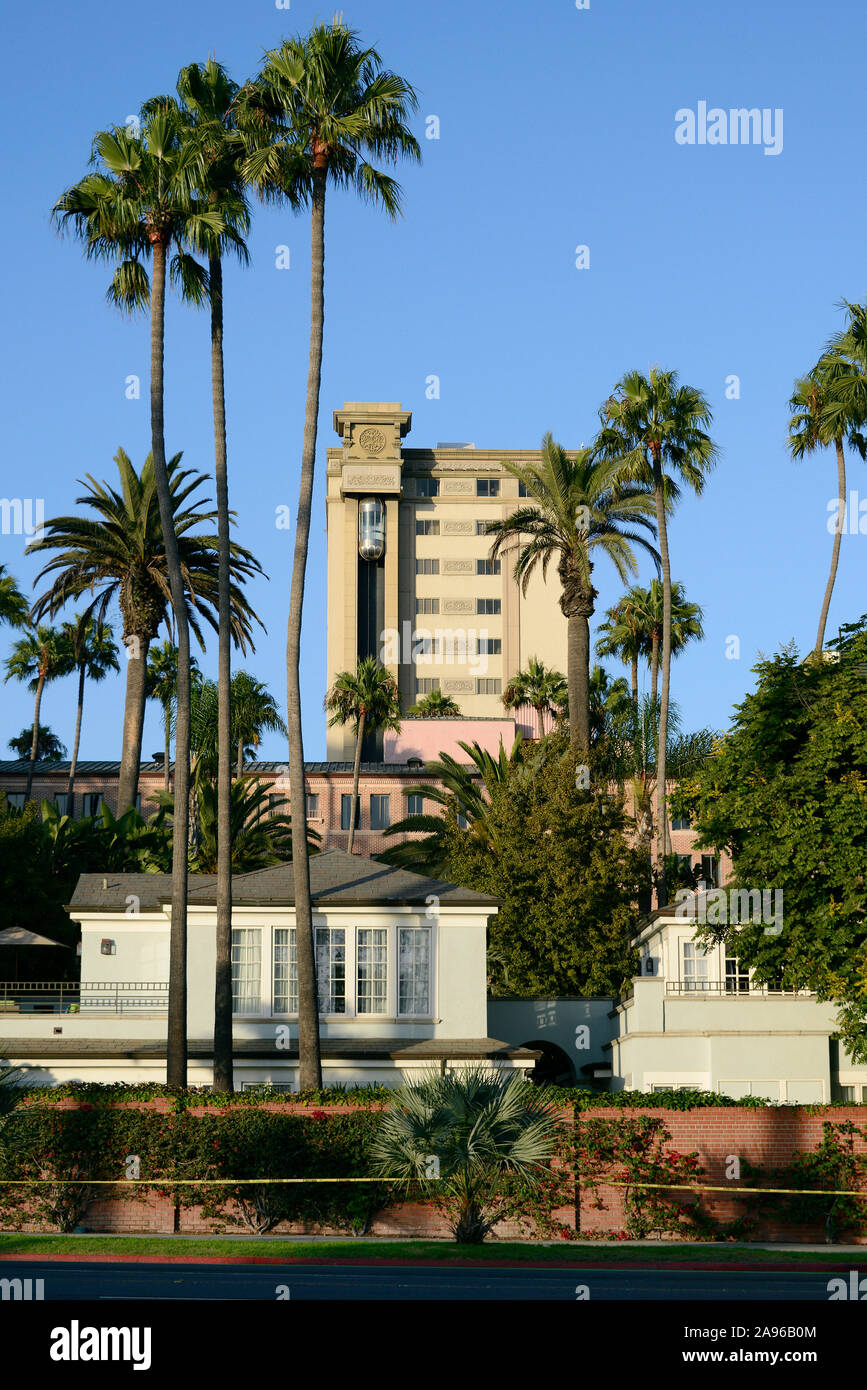 Palm trees and buildings on Ocean Avenue, Santa Monica, California, USA Stock Photo