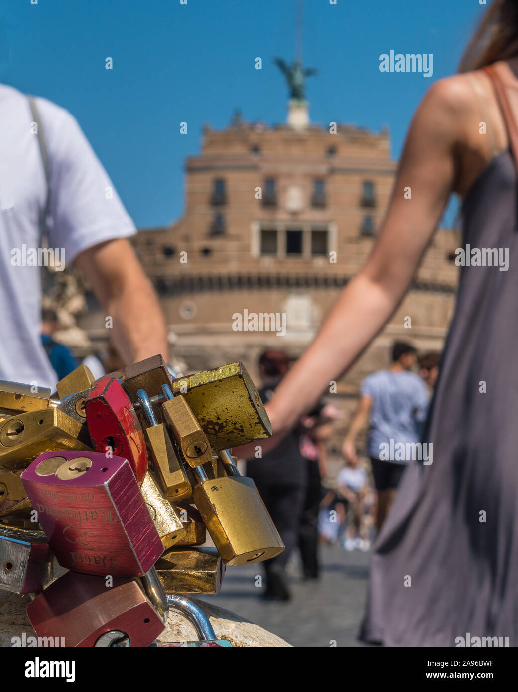 Set of padlocks symbolizing eternal love on the Sant'Angelo Bridge in Rome Stock Photo
