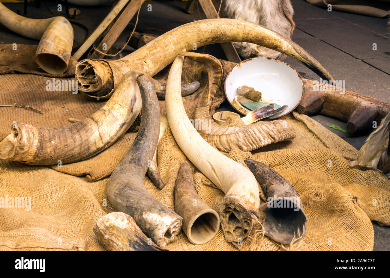 Horns to sell in a medieval market in Pamplona, Spain Stock Photo Alamy