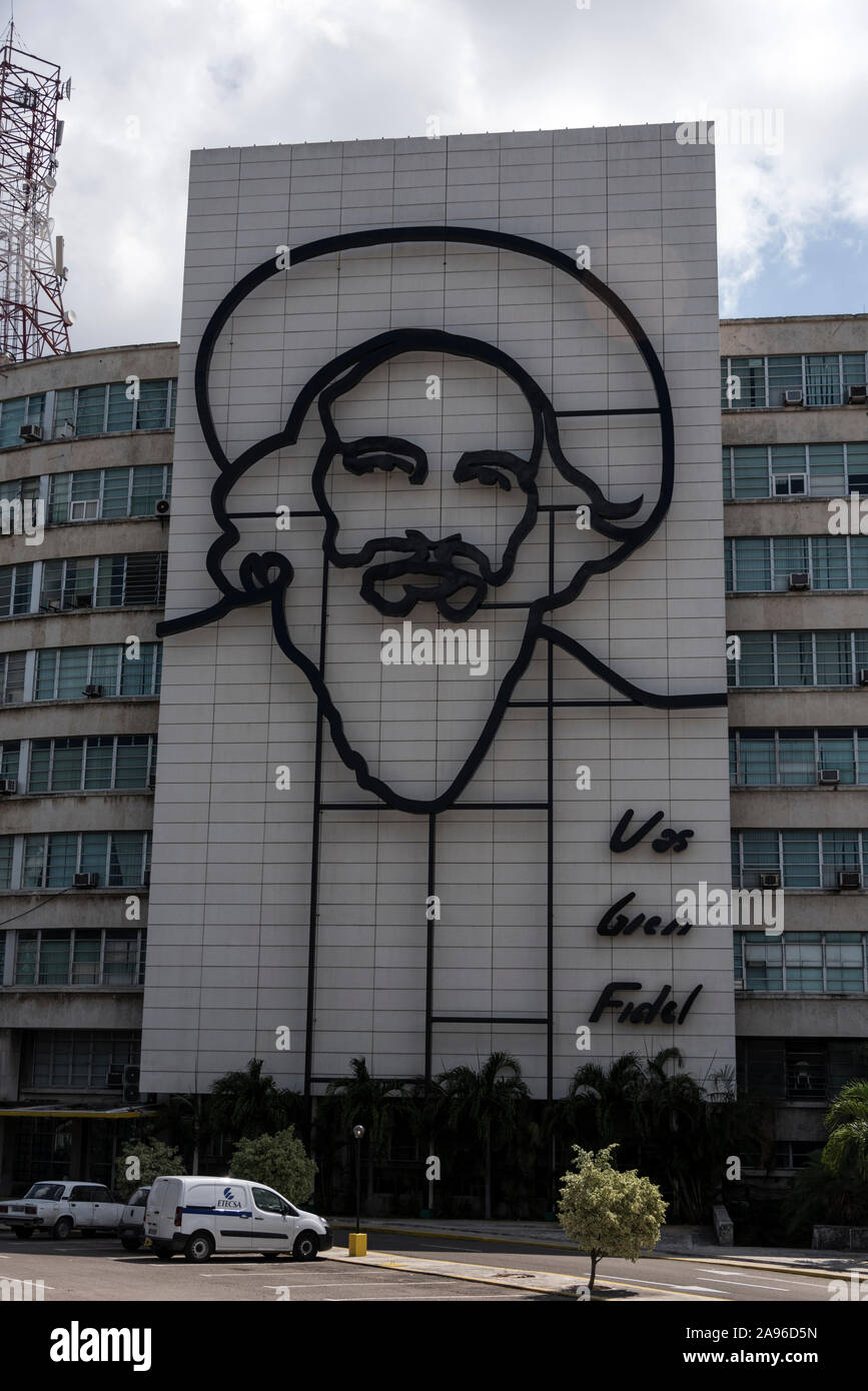 A large portrait of Cuban Revolution 1959 leader, Camilo Cienfuegos who served with Fidel Castro  Cuban Ministry of Communications – Cubano Stock Photo