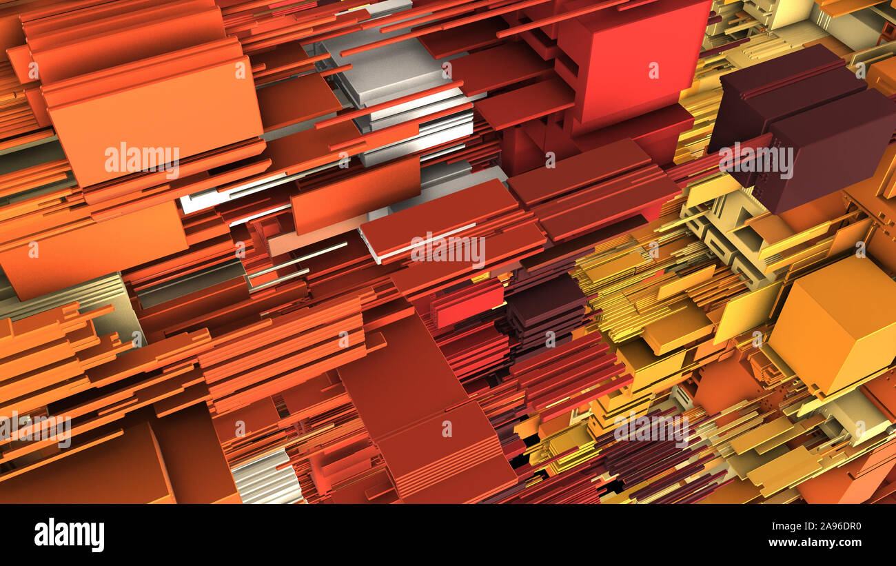 Abstract 3D rendering of surface with random cubes and electronic shapes. futuristic science fiction city with lines and low poly shape. Stock Photo