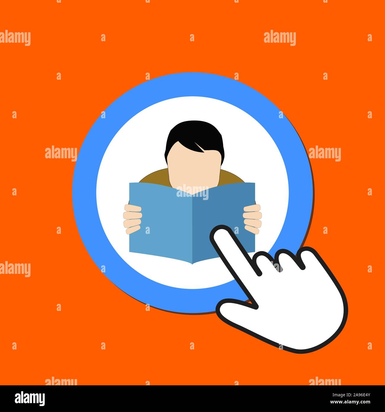 Man reading icon. FAQ, library concept. Hand Mouse Cursor Clicks the