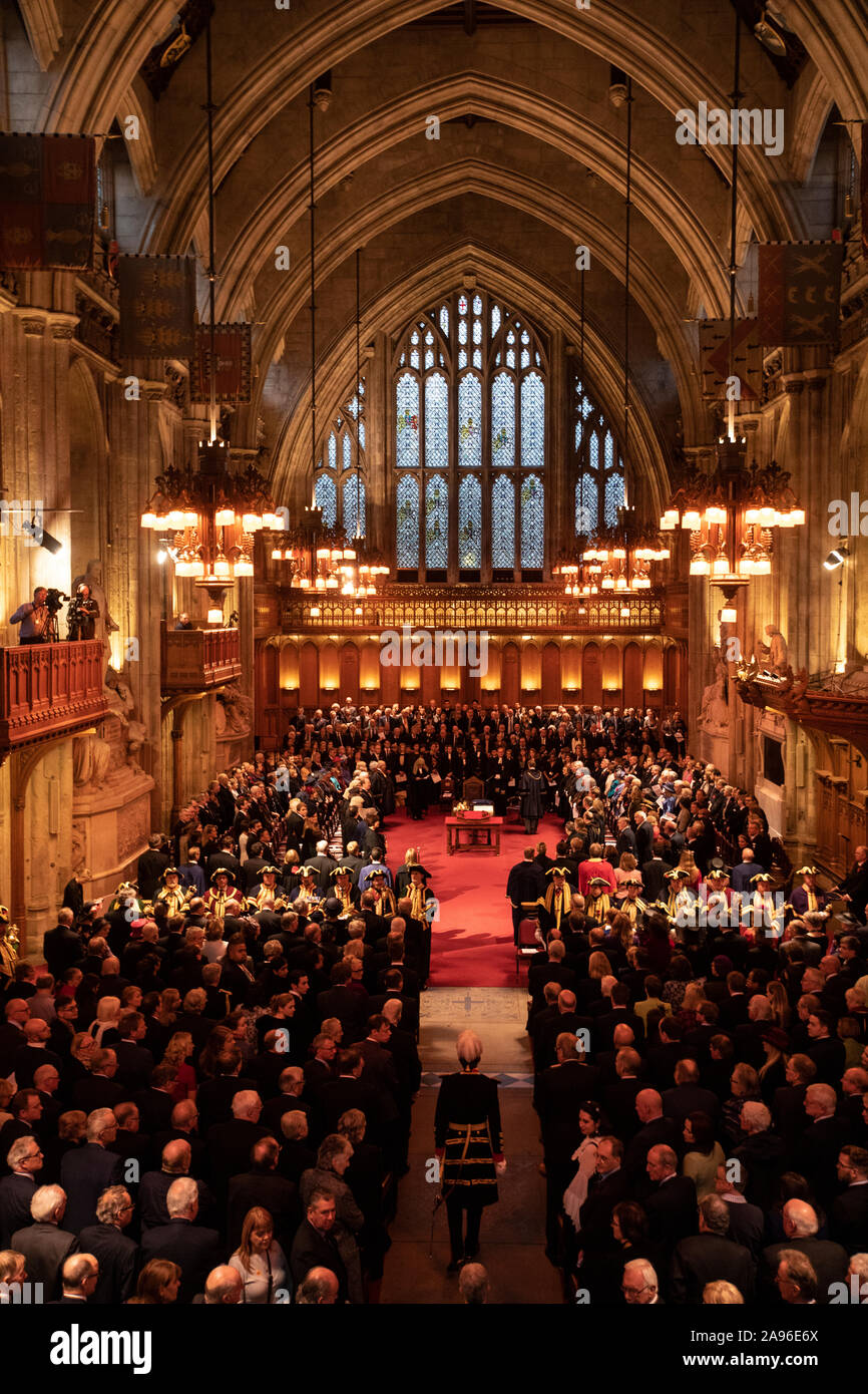 Lord Mayor of the City of London, Peter Estlin hands over to William Russell, sworn in as the 692nd Lord Mayor at the Silent Ceremony, Guildhall, London Stock Photo