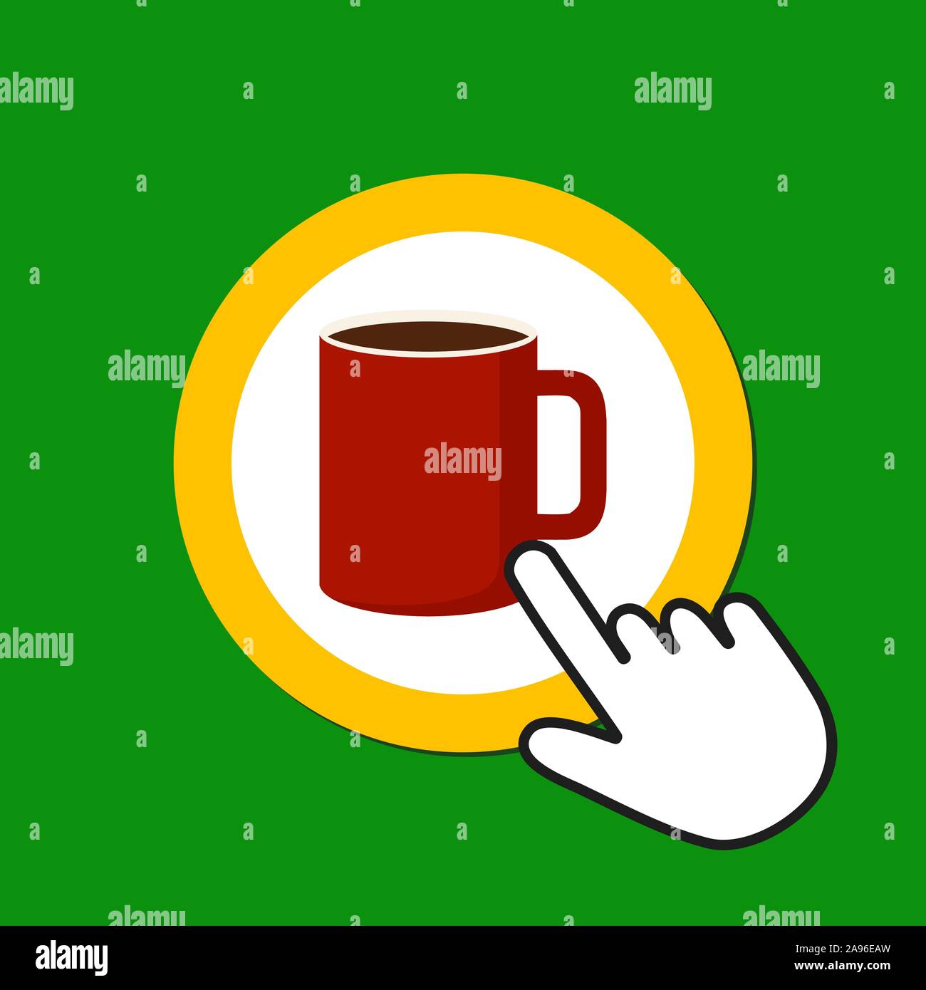 Cup of coffee icon. Break time concept. Hand Mouse Cursor Clicks the Button. Pointer Push Press Stock Vector