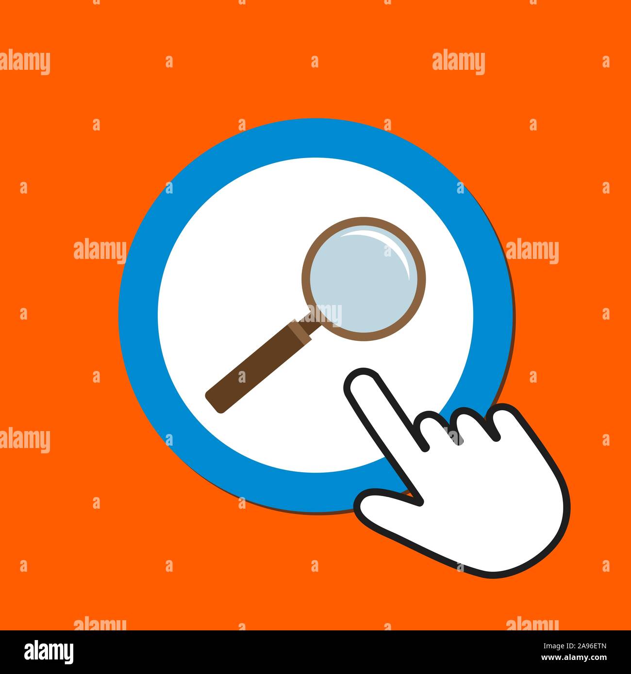 Magnifier icon. Search concept. Hand Mouse Cursor Clicks the Button. Pointer Push Press Stock