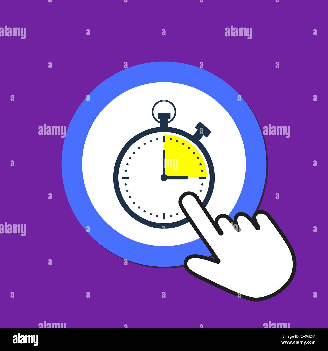 Stopwatch icon. Time test concept. Hand Mouse Cursor Clicks the Button. Pointer Push Press Stock Vector