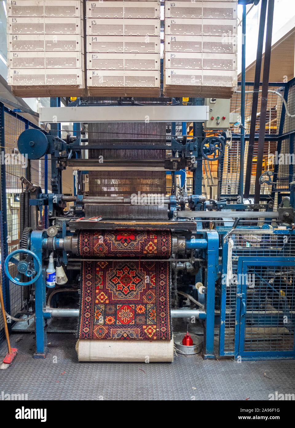 Exhibition vintage mechanical machinery Axminster gripper loom using Jacquard system at National Wool Museum Geelong Victoria Australia. Stock Photo