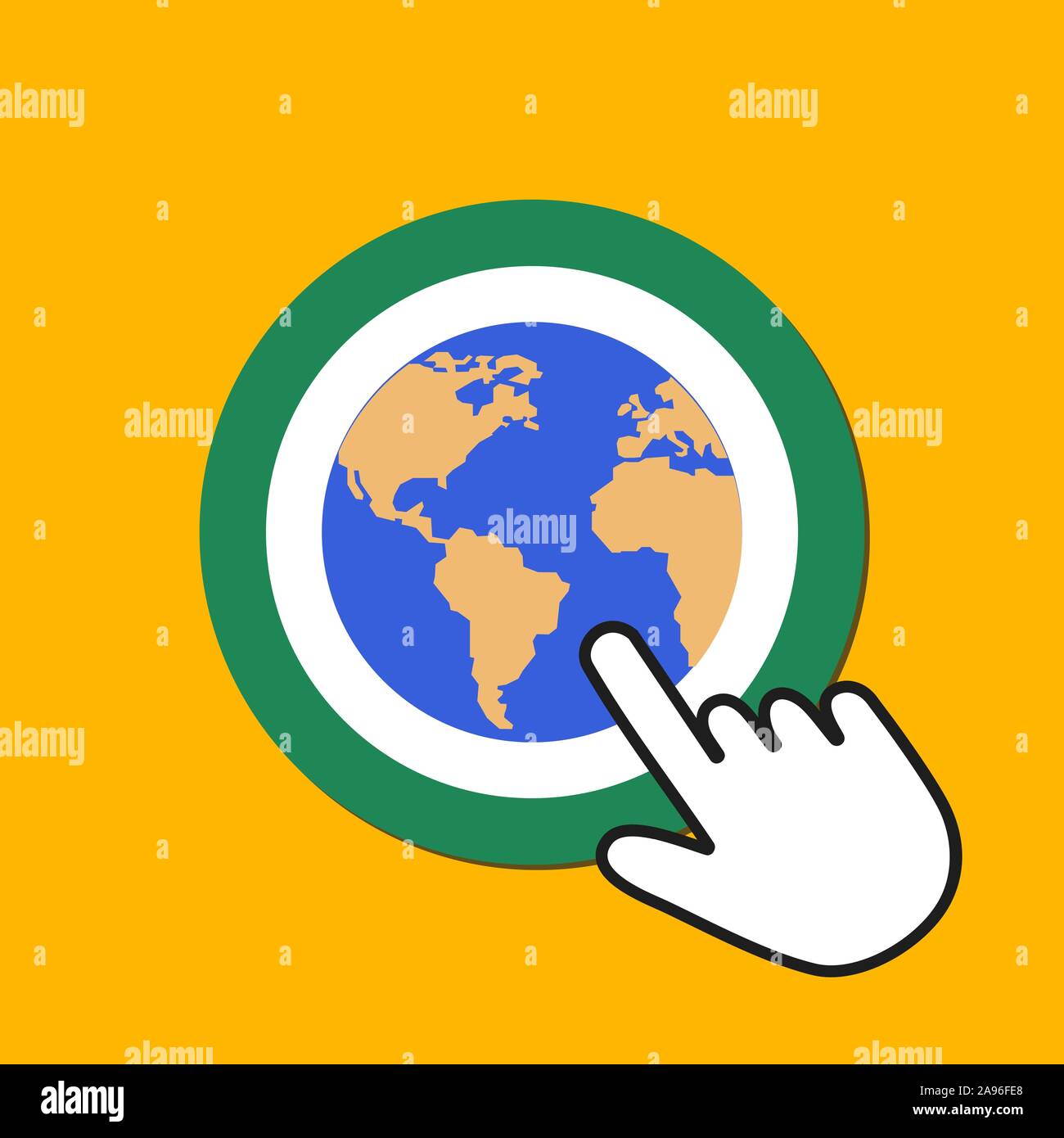 Earth icon. Global search, eco concept. Hand Mouse Cursor Clicks the Button. Pointer Push Press Stock Vector