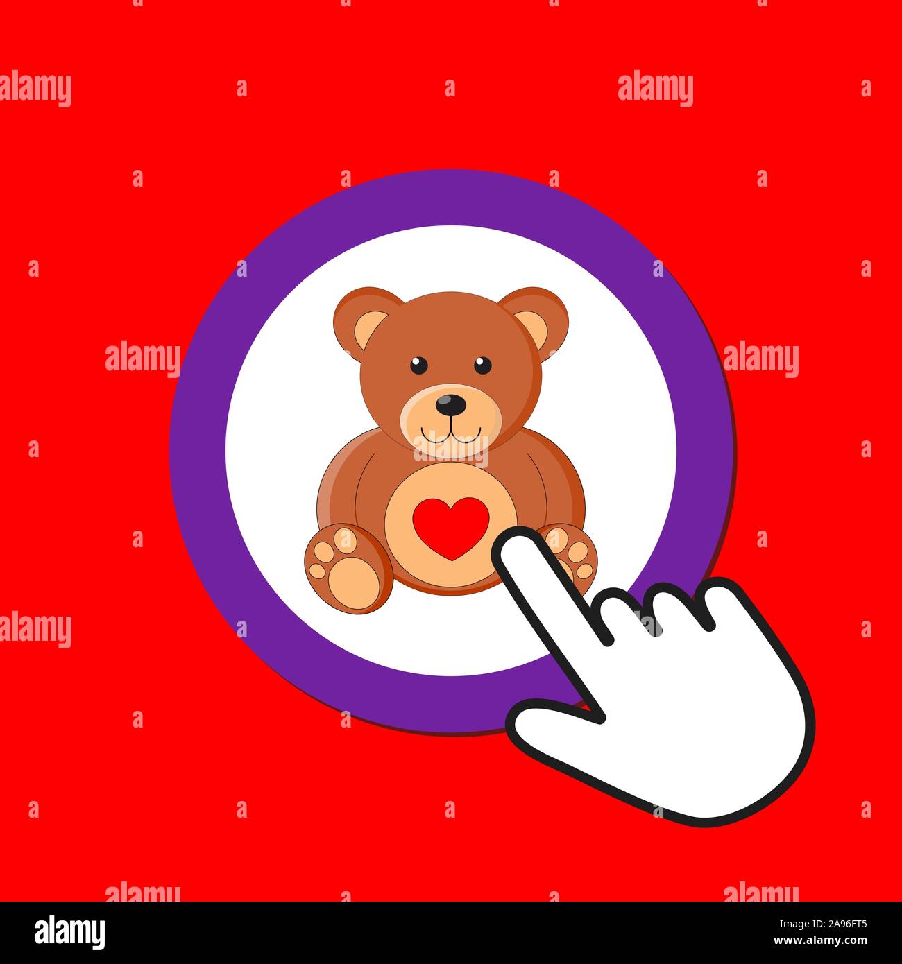 Teddy bear icon. Romantic gift concept. Hand Mouse Cursor Clicks the Button. Pointer Push Press Stock Vector