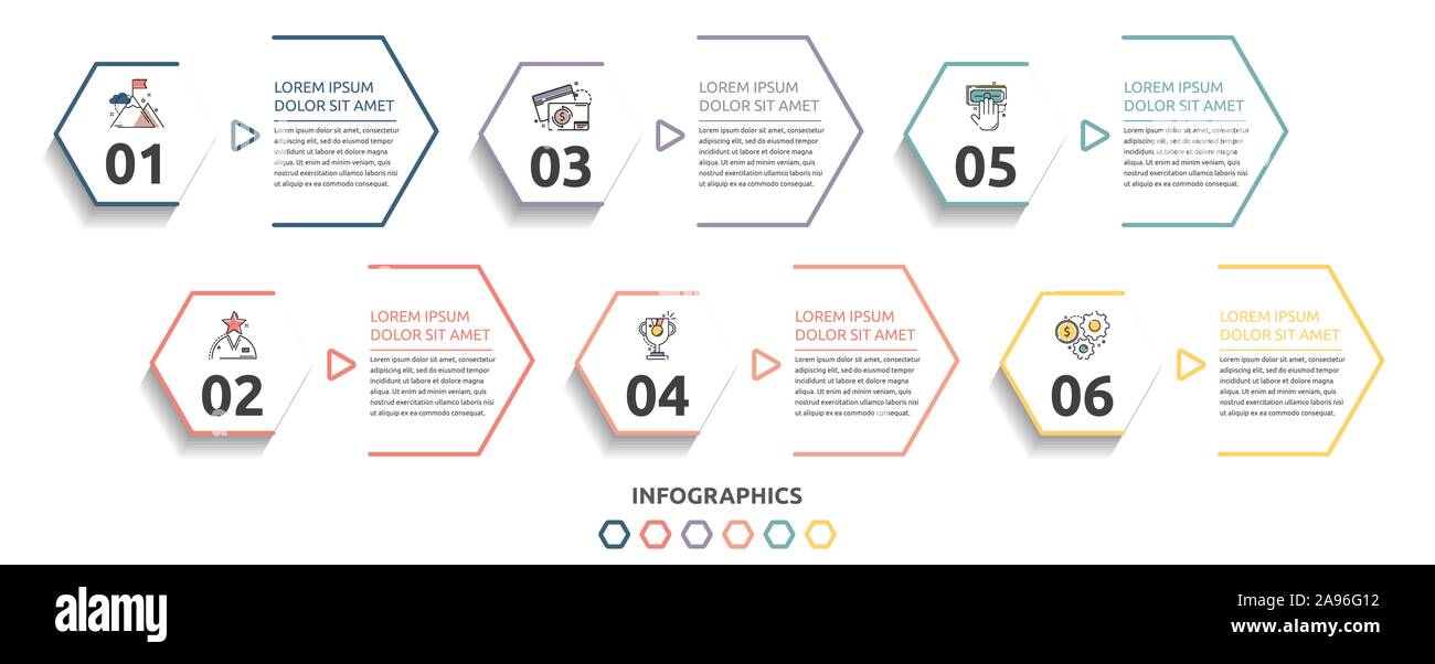 Vector flat infographic template. Line hexagon with text and icons for six diagrams, graph, flowchart, timeline, marketing, presentation. Business Stock Vector