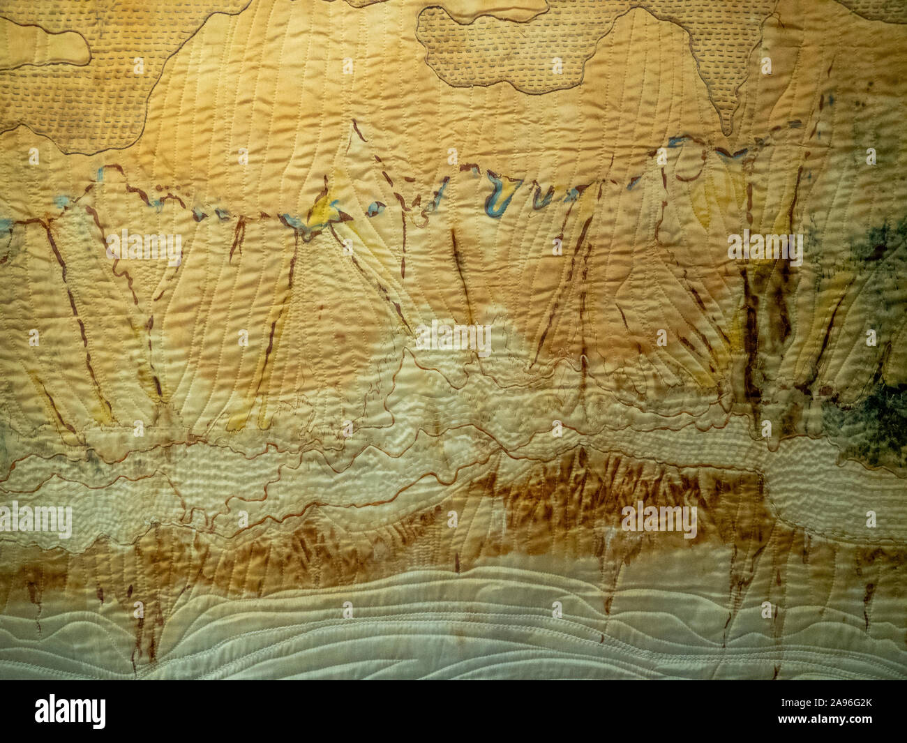 Close up detail of quilt Our Custodial Land by quilter Alison Muir on