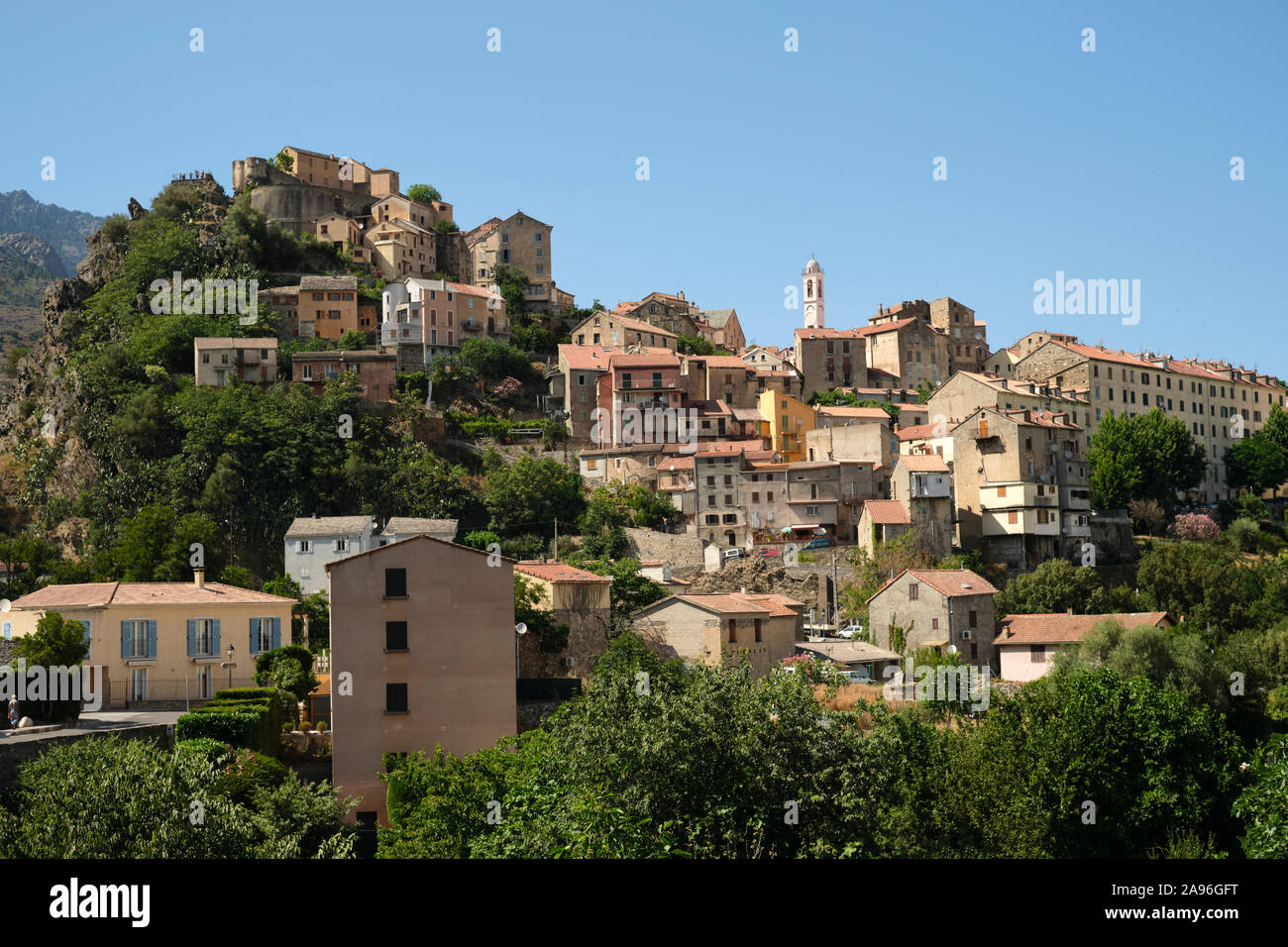 The Citadel and the hilltop Old Town of Corte in central Corsica,  Haute-Corse, France, Europe - Corsica mountain village landscape Stock Photo