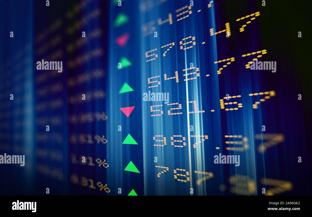3D stock market screen with up and down arrows. Realistic high resolution image with lots of copy space. Stock Photo