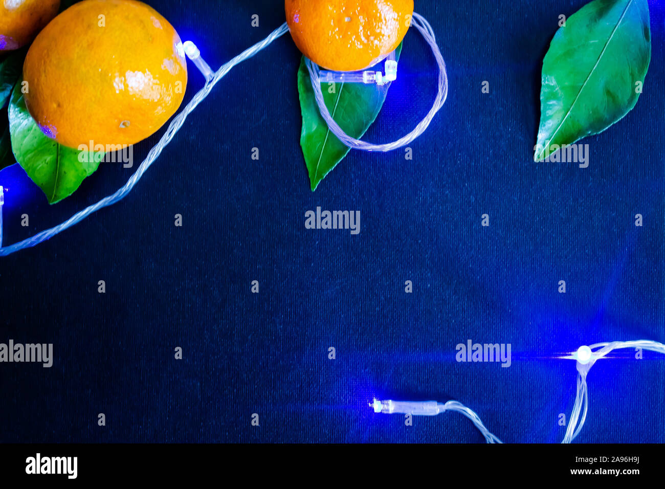 Dark textured Christmas background with tangerines, citrus leaves and a glowing Christmas blue garland. Background for banner, view from above. Stock Photo