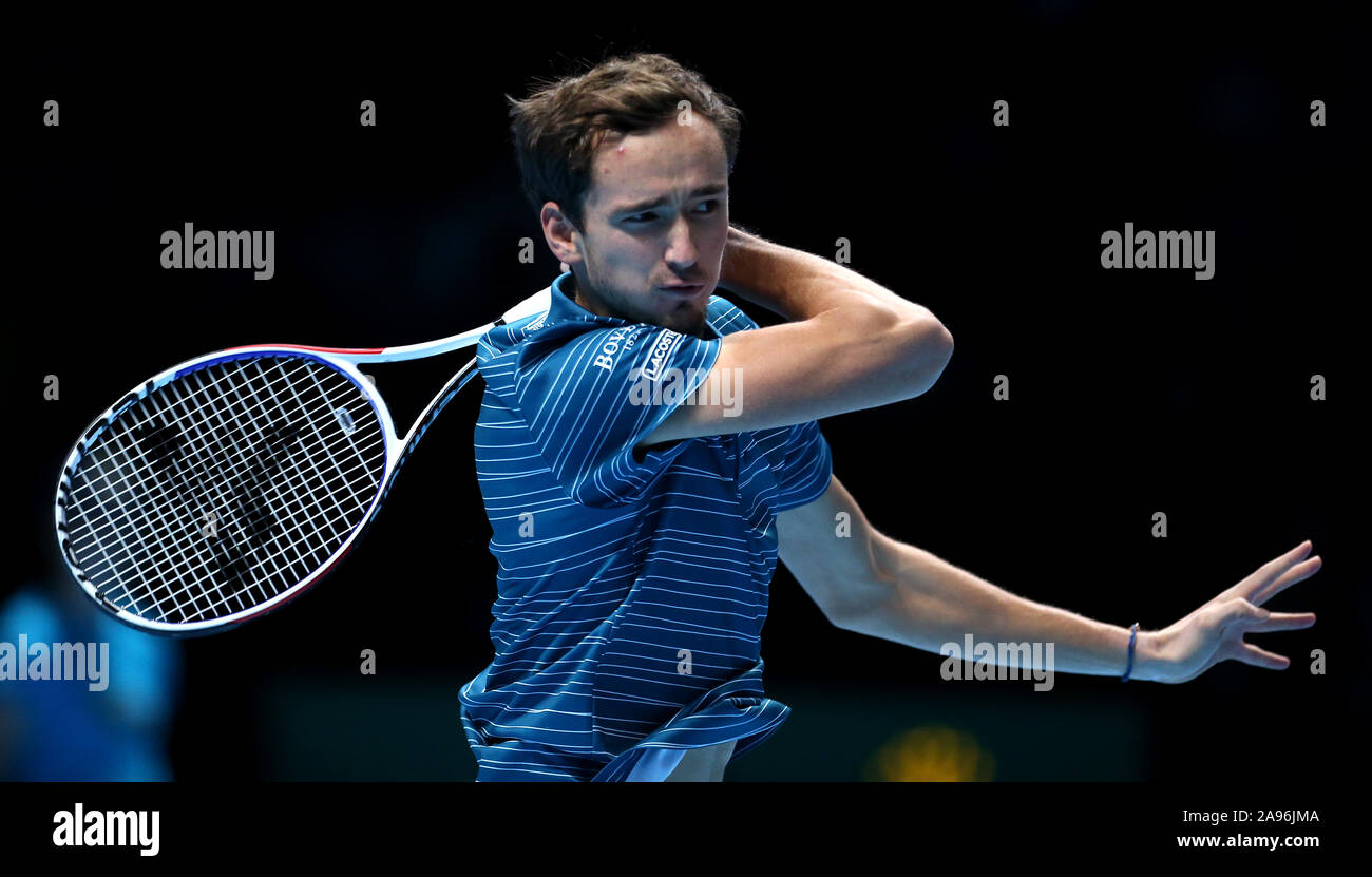 Daniil Medvedev in action against Rafael Nadal on day four of the Nitto ATP Finals at The O2 Arena, London. Stock Photo