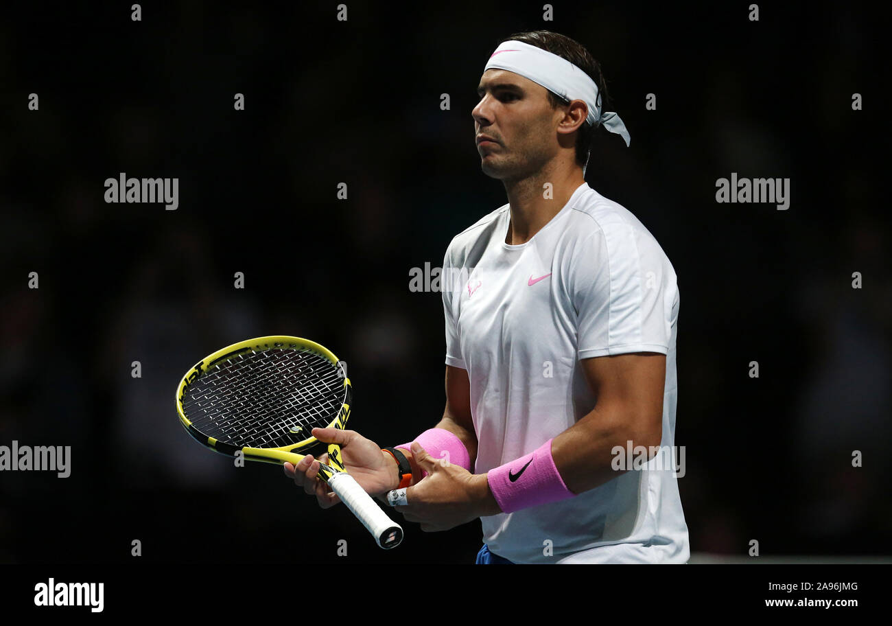 Rafael Nadal in action against Daniil Medvedev on day four of the Nitto ATP Finals at The O2 Arena, London. Stock Photo