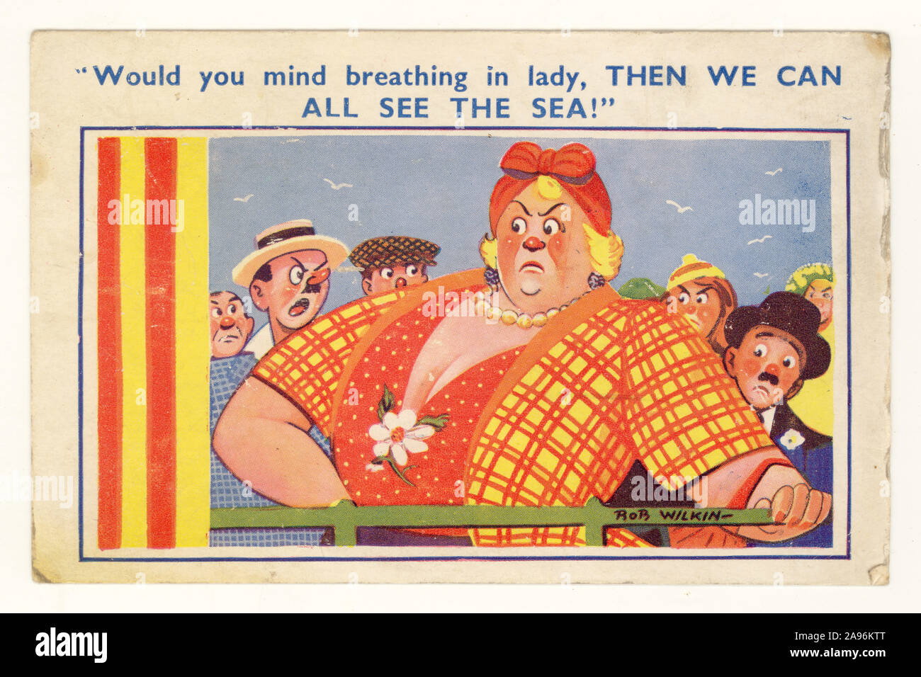 Original early 1900's vintage comic seaside postcard of fat lady blocking view to the sea, circa 1930's or 1940's, by Rob Wilkin, British artist, U.K.  Retro beach postcard. Stock Photo